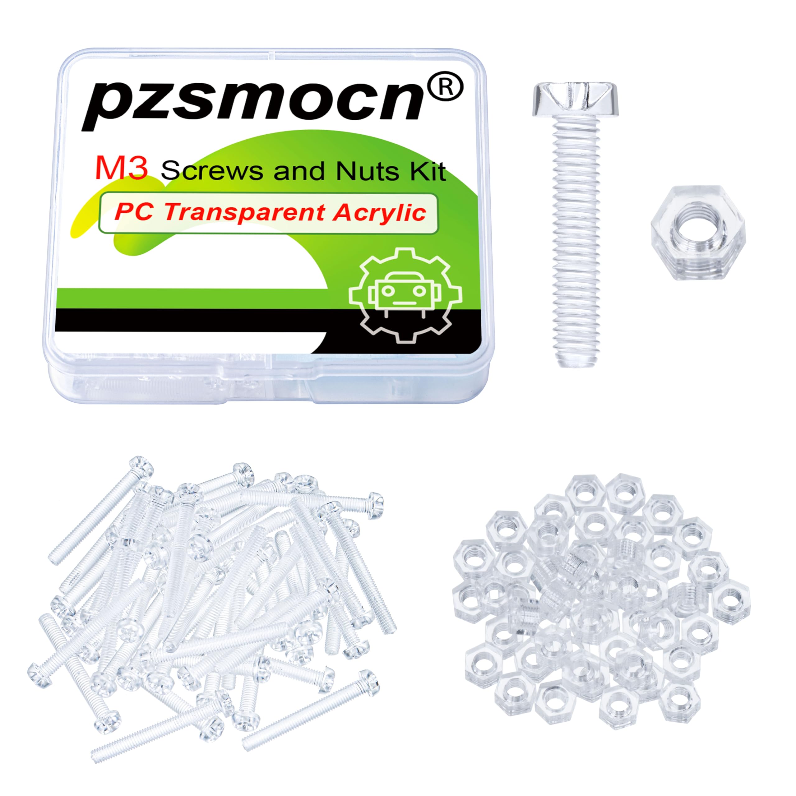 Pzsmocn 100 Pieces/50 Sets M3*20 mm PC Transparent Plastic Cross-recessed Round Head Screws and Hexagonal Nuts Kit, Corrosion-Resistant, for DIY,