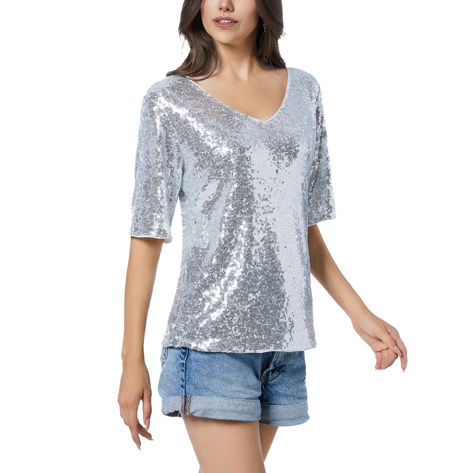 Haut à paillettes pour femme - Col en V - Paillettes - Manches courtes - Chemisier de fête - T-shirt pour les loisirs, l'été, les cocktails,