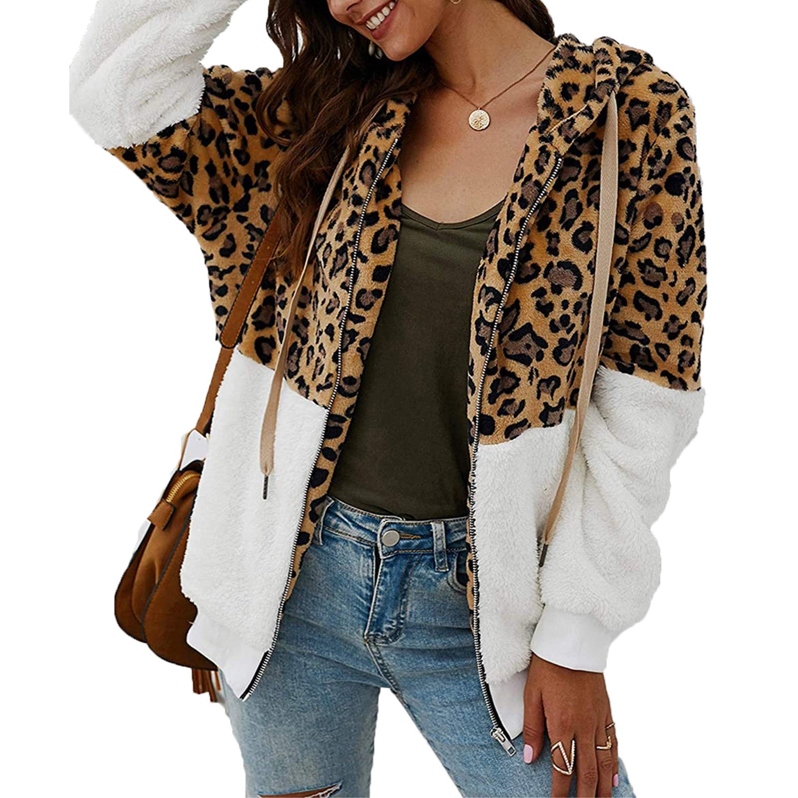 Abingoo Women's White ’S Casual Coat Fluffy Cardigan Leopard-Printed Zipper Warm Hoodie Faux Fleece Jacket Oversized Outwear,,Xl