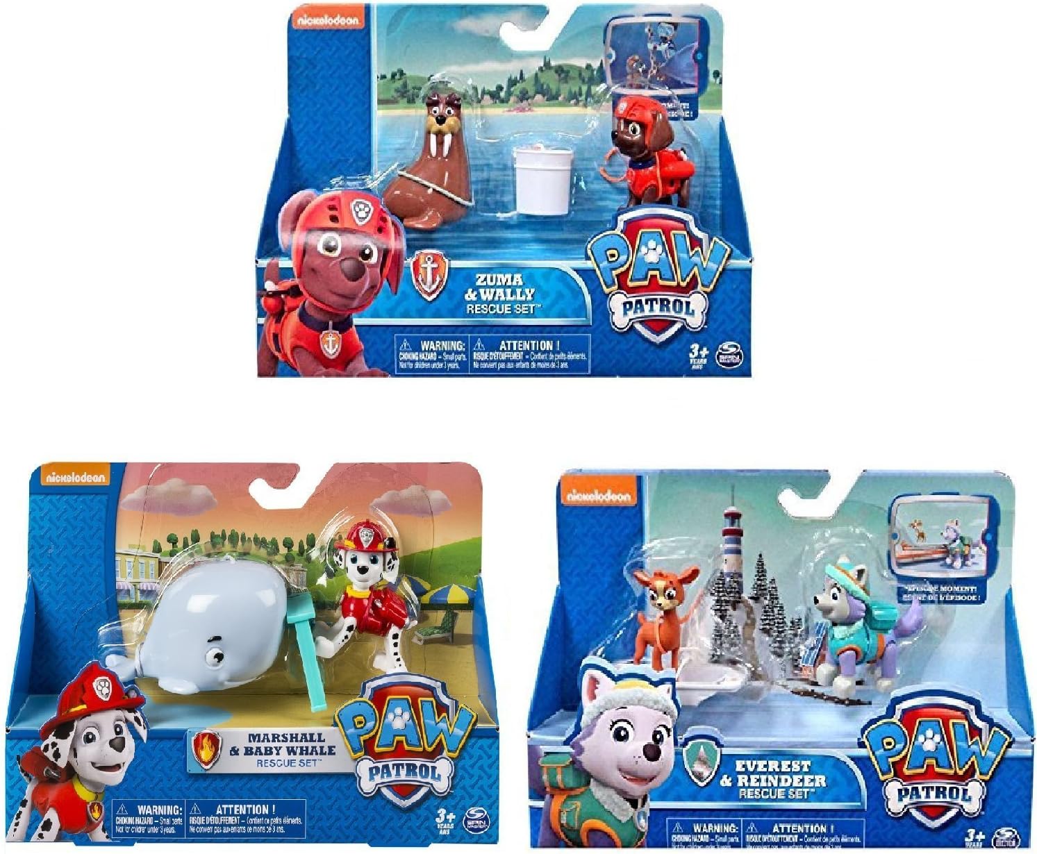 Paw Patrol Marshall and Baby Whale, Zuma & Wally, Everest & Reindeer Rescue Bundle. Including Blizy Keychain
