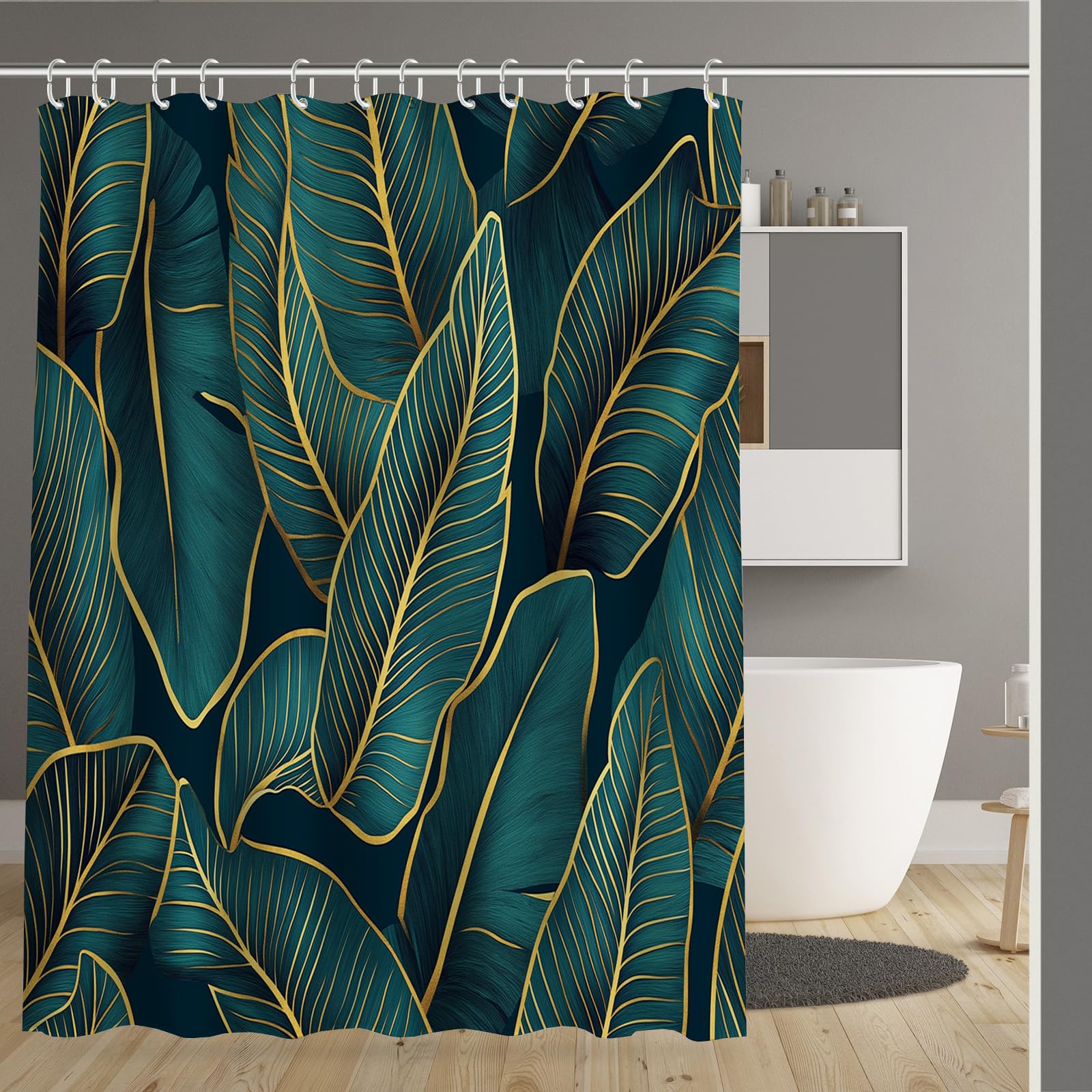 Rideau de douche en tissu polyester moderne avec motif feuille d'or élégant