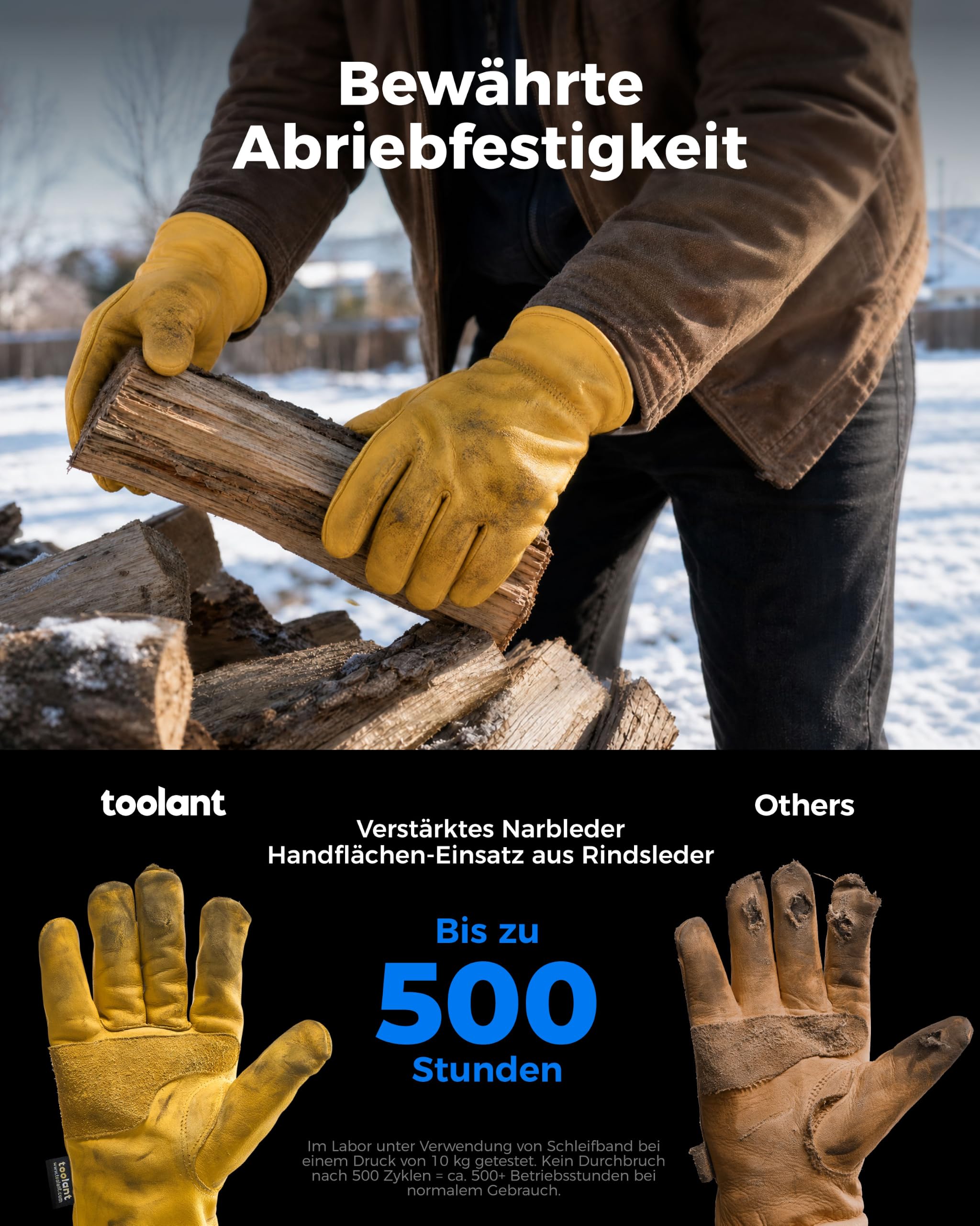 toolant Schlupf-Winter-Arbeitshandschuhe für Herren aus 100% Vollrindleder, wasserabweisend beschichtet, mit wärmendem Thinsulate-Futter, leicht anzuziehen, 2 Paar, Größe XL