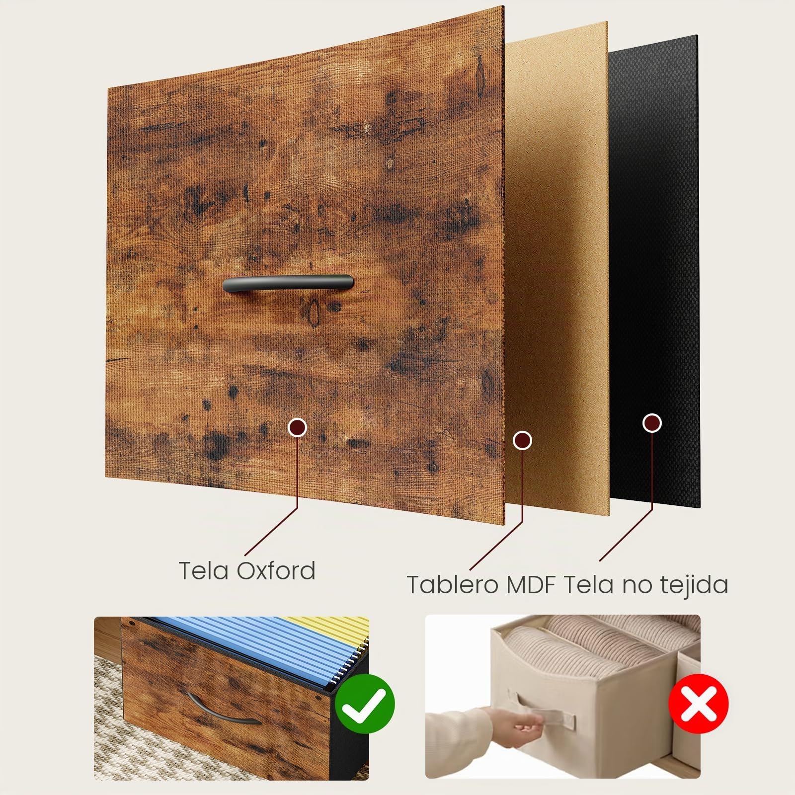 MAHANCRIS Cajonera de Oficina, Archivador Móvil, Soporte para Impresora con 3 Cajones, con Ruedas, Barra Ajustable, para Carpetas Formato A4 y Carta, Oficina en Casa, Marrón Rústico y Negro AFCHR5901