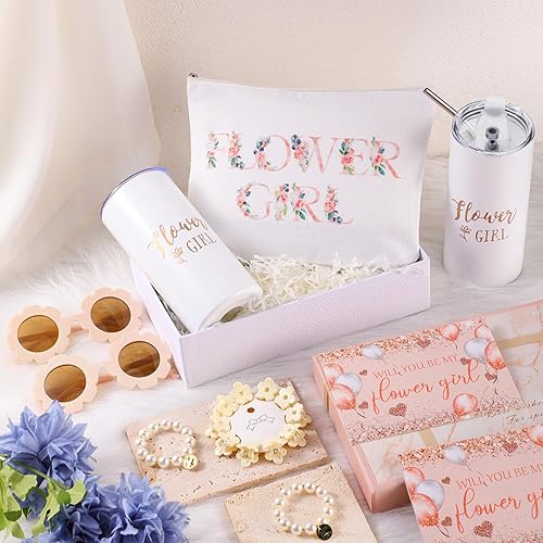 Miniatura 4 de Inbagi Juego de 12 piezas para niña de las flores, incluye vaso redondo de flores para gafas de sol, bolsa de lona con texto en inglés "Will You Be