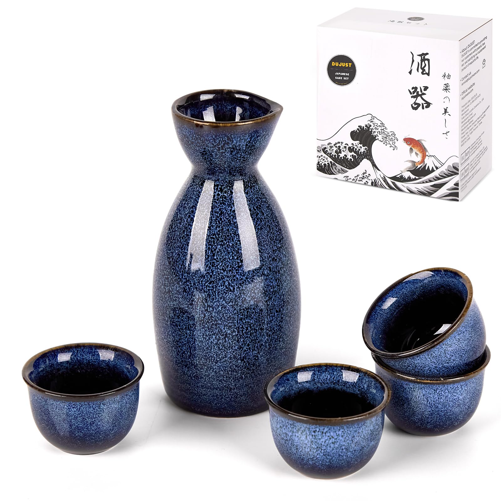 DUJUST 5-teiliges Japanisches Sake-Set, Porzellansake-Set mit feuerveränderter Glasur, 1 Flasche, 4 Tassen & 1 Geschenkkasten, warmer Karaffe, besonderes Japanisches Geschenkset - dunkelblau