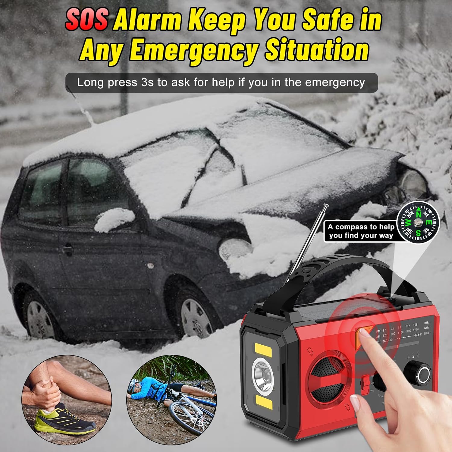 30000mAh Emergency Radio with NOAA Weather Alert, Emergency Hand Crank Weather Radio Portable AM/FM/NOAA Solar Radio with Compass SOS&Flashlight for Survival and Camping/Home (Red-30000mAh)
