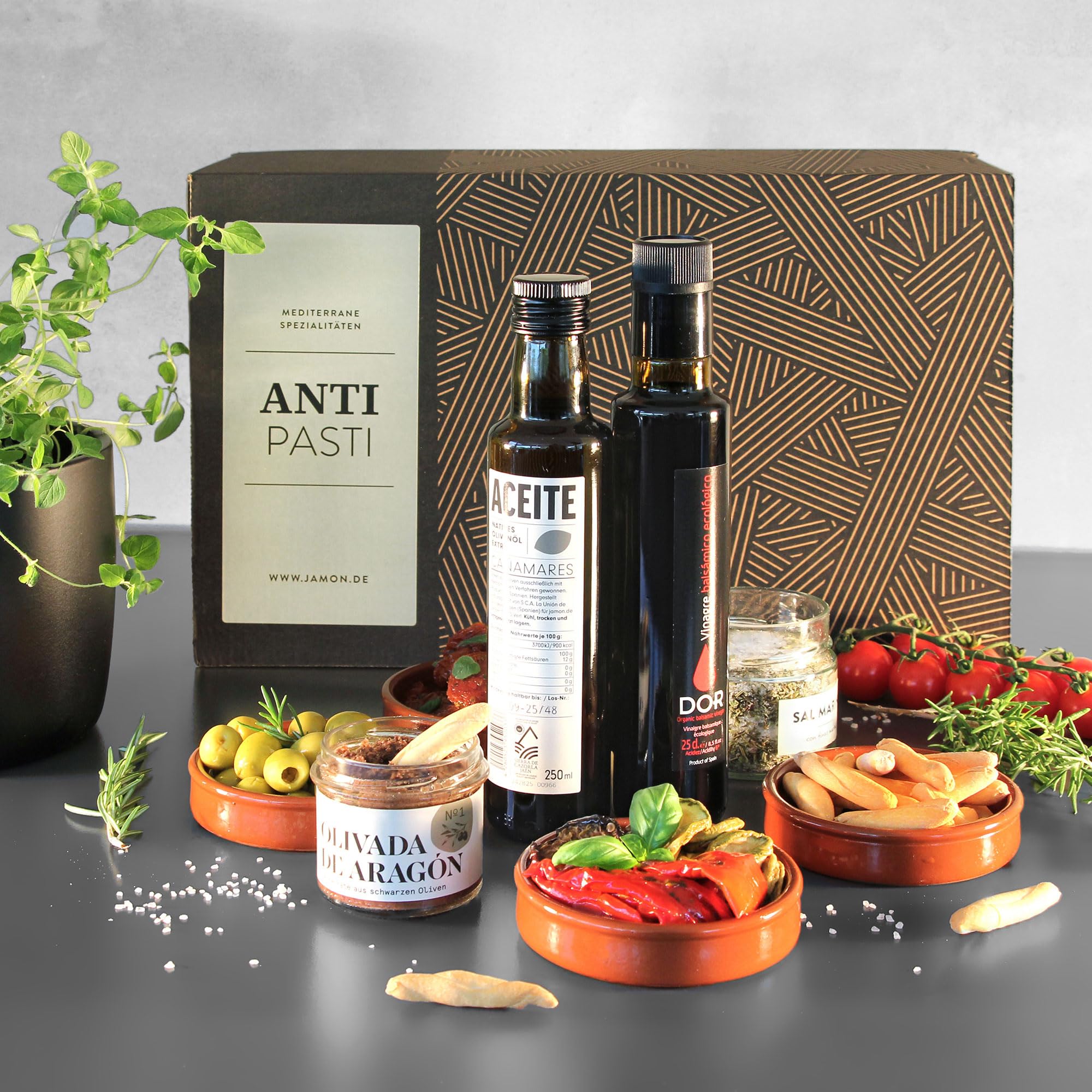 Antipasti Vegane Delikatessen-Präsentbox Mediterran Genießen mit Olivenöl Extra Balsamico Meersalz Geschenkidee GESCHENKVOLL
