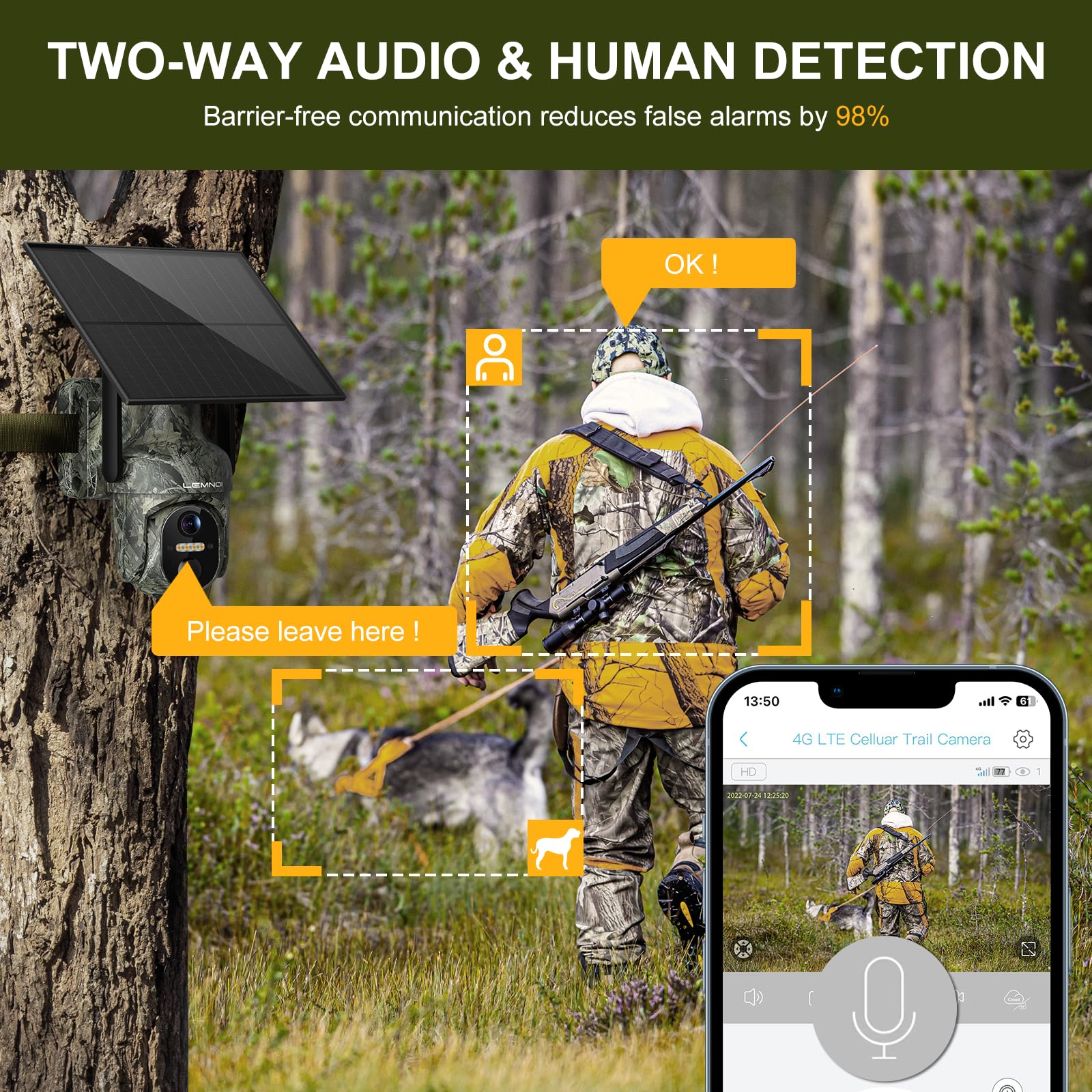 LEMNOI 4G LTE Cámara Caza Solar con Tarjeta SIM Preinstalado, 4G Cámara Vigilancia Exterior con Detección con Visión Nocturna en Color Starlight, PTZ 360°, Audio Bidireccional, IP66 Impermeable
