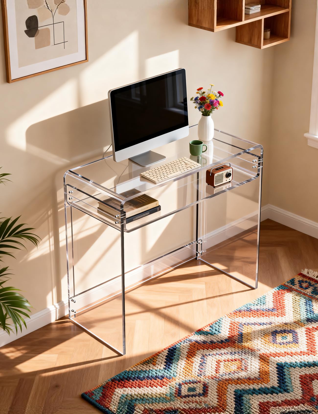 Mesa Escritorio de Acrílico, Mesa Auxiliar Escritorio de Pequeño Espacio, Ahorrar Espacio Escritorio de Computadora Doméstico, 85 x 40 x 75 cm (Claro)