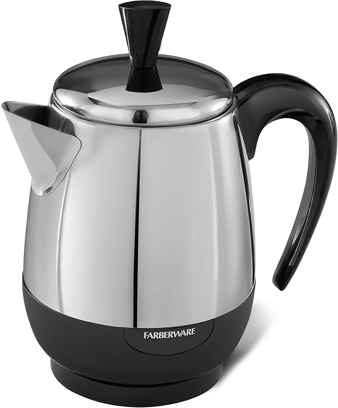 Farberware 4-Cup Stainless Steel Coffee Percolator, Automatic Keep Warm | Programmable 12-cup coffee maker with Auto Brew, washable filter and Sneak-A-Cup for fresh coffee.
