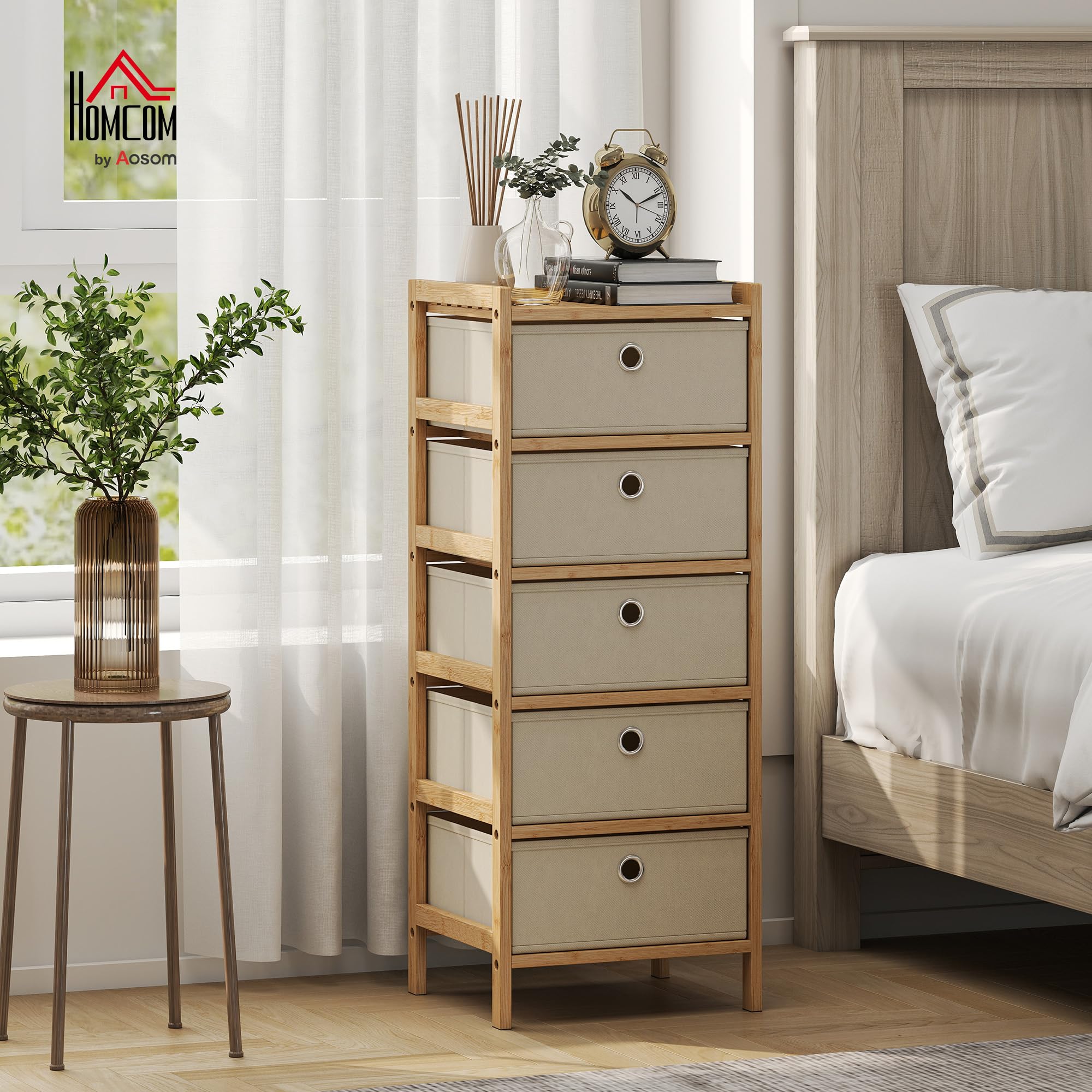 HOMCOM Cómoda con 5 Cajones de Tela, Cómoda para Dormitorio de Bambú, Cajonera para Espacios Pequeños, Salón, Oficina, Vestidor, Crema y Natural