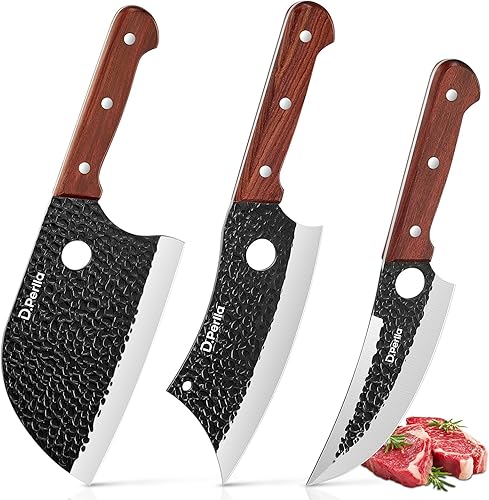 D.Perlla Juego de cuchillos de carnicero de 3 piezas para cortar carne, juegos de cuchillos de chef serbio y cuchillo vikingo con mango de madera,