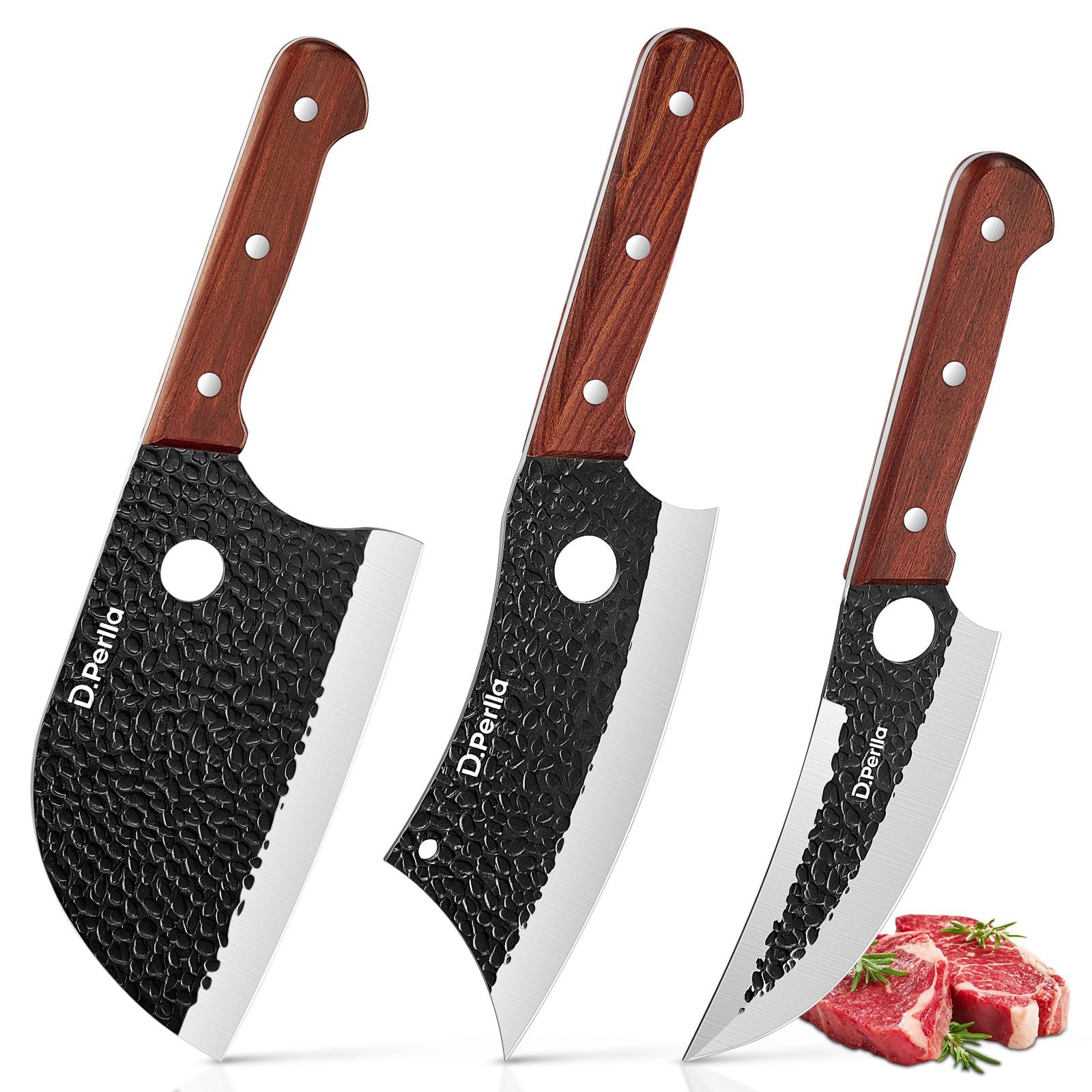 D.Perlla Set di Coltelli da Macellaio 3 Pezzi Coltello da Mannaia, Coltelli da Chef per Carne in Acciaio per Casa Cucina Campeggio All'aperto BBQ