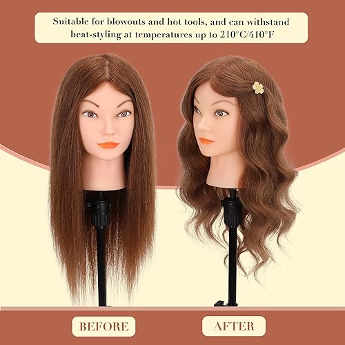 Miniatura 8 de Cabeza de maniquí con cabello humano, cabeza de maniquí de cosmetología de 20 a 22 pulgadas con cabello humano 100% real para trenzar, práctica de