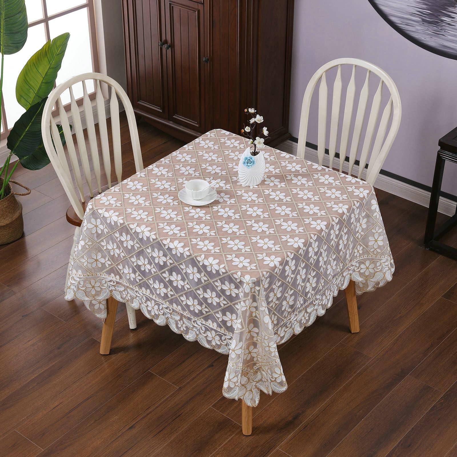 Tovaglia rettangolare bianca caffè, motivo floreale, 150 x 270 cm