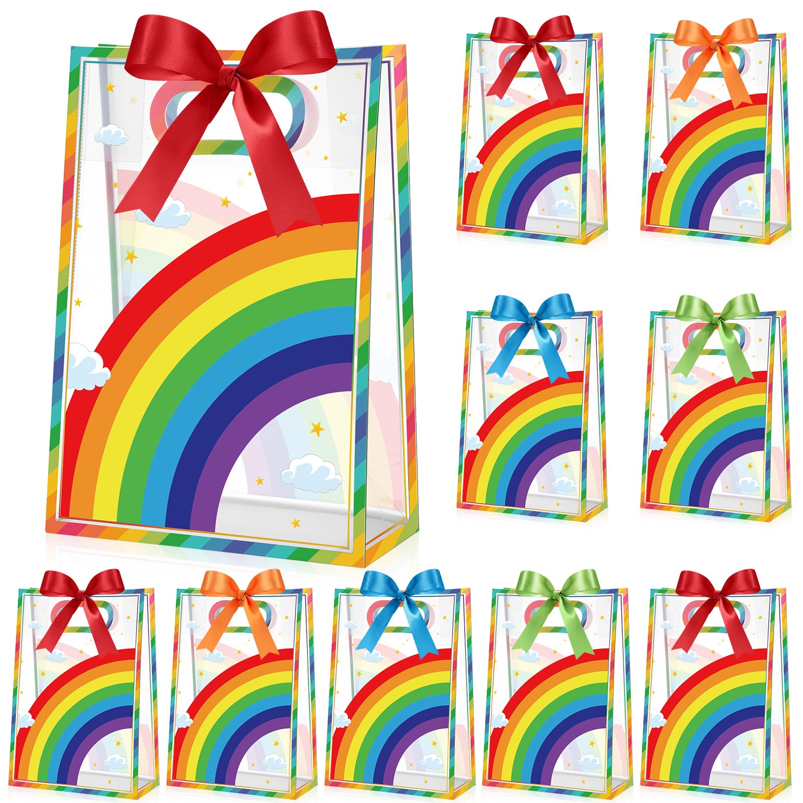 Aliceset 12 Pcs Rainbow Party Clear Goodie Bags with Handles Rainbow Theme Favor Bags with Ribbon Colorful Wrapping for Birthday Gay Pride Baby Shower Candy Snack Treat Wrapping Supplies, 10x7x3.15''