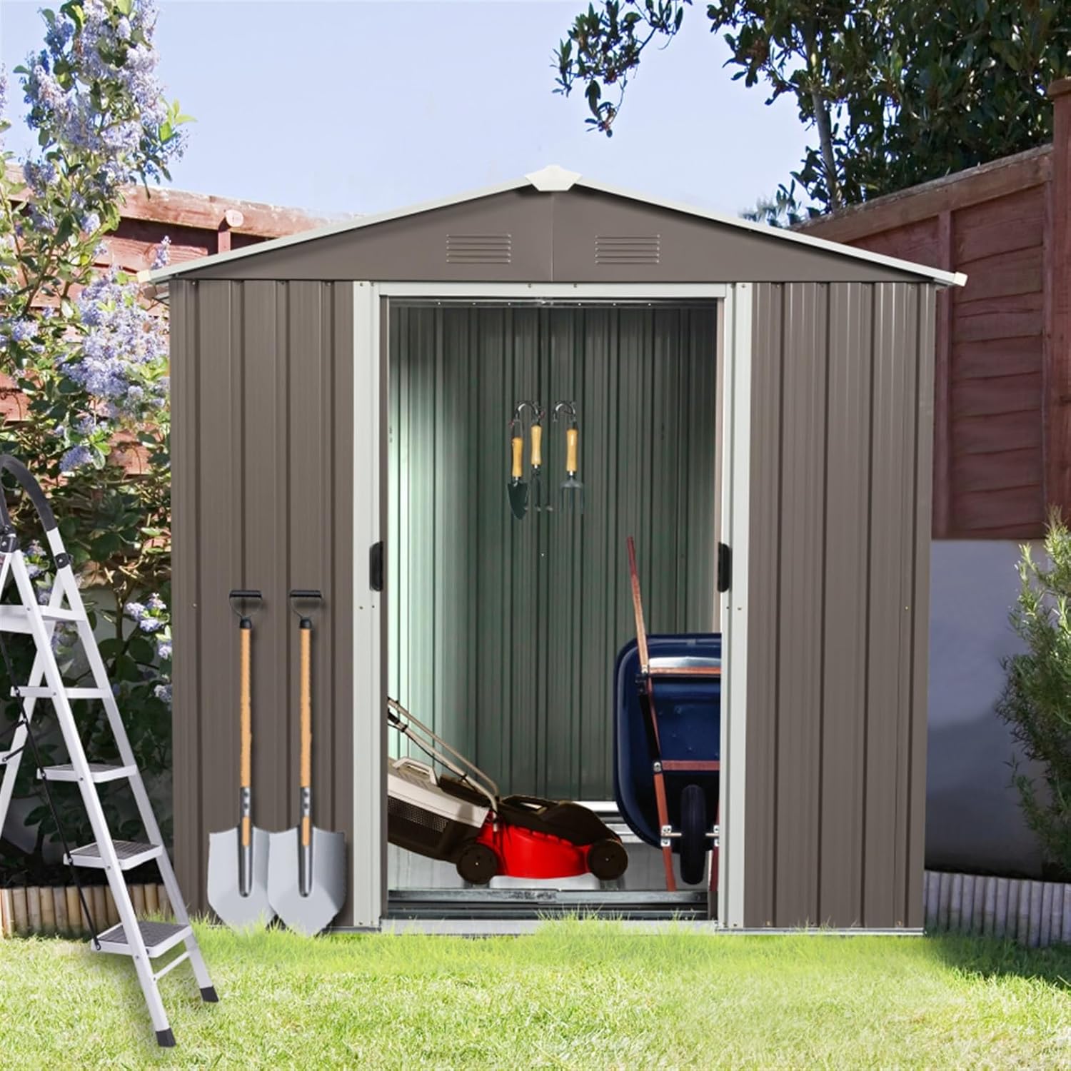 Garden Sheds 6ft x 5ft Outdoor Metal Storage Shed, Grey Storage Shed Outdoor Storage Sheds