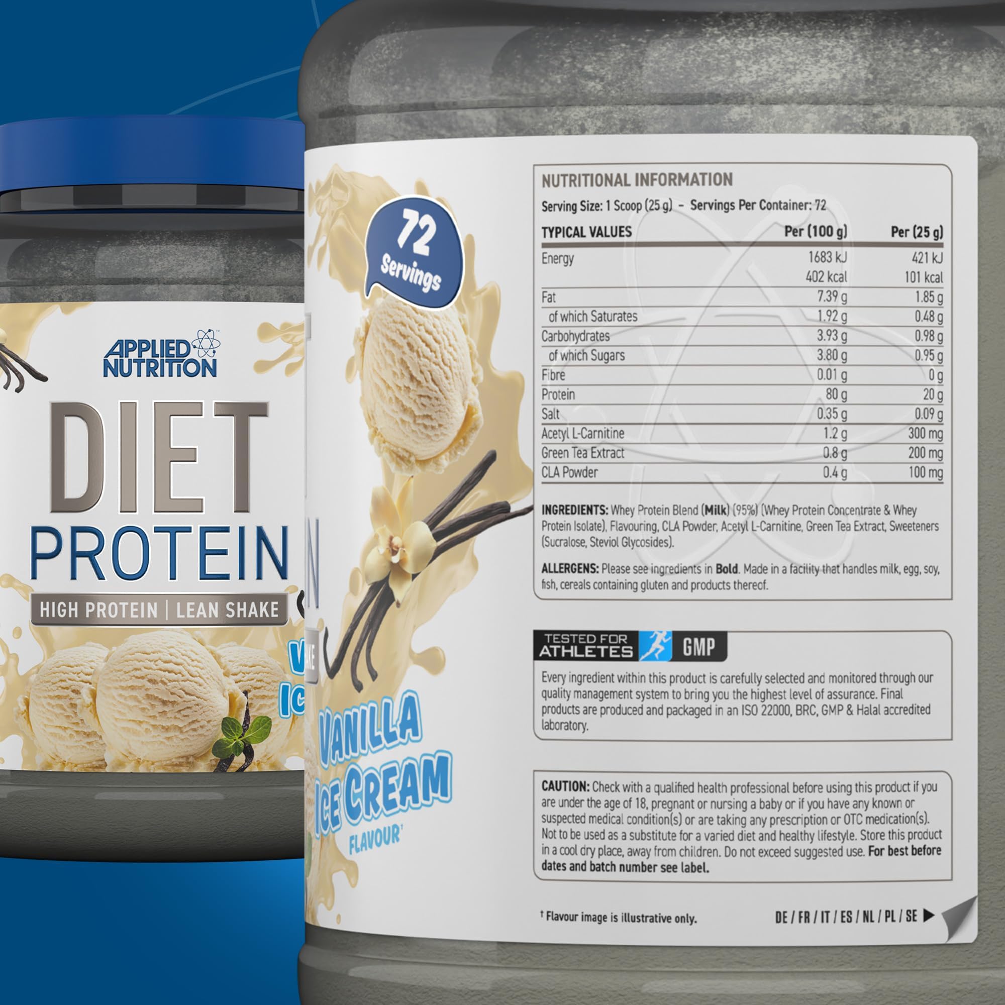 Applied Nutrition Diet Whey - Hochwertiges Proteinpulver, Kohlenhydrat | Zuckerarm, Gewichtskontrolle CLA, L-Carnitin und grünem Tee 1.8kg, Vanilla