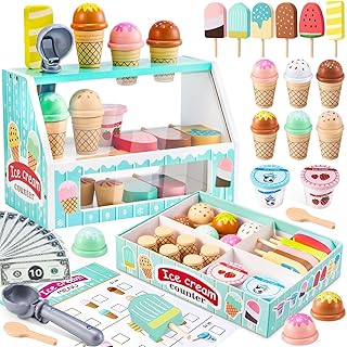 WHOHOLL Wooden Ice Cream Counter Playset for Toddler Girl Toys, Play Store Pretend Toy Food Play Kitchen Accessories with Fake Money & Coin, Christmas Birthday Gifts for 3+ Year Old Kids (Green)