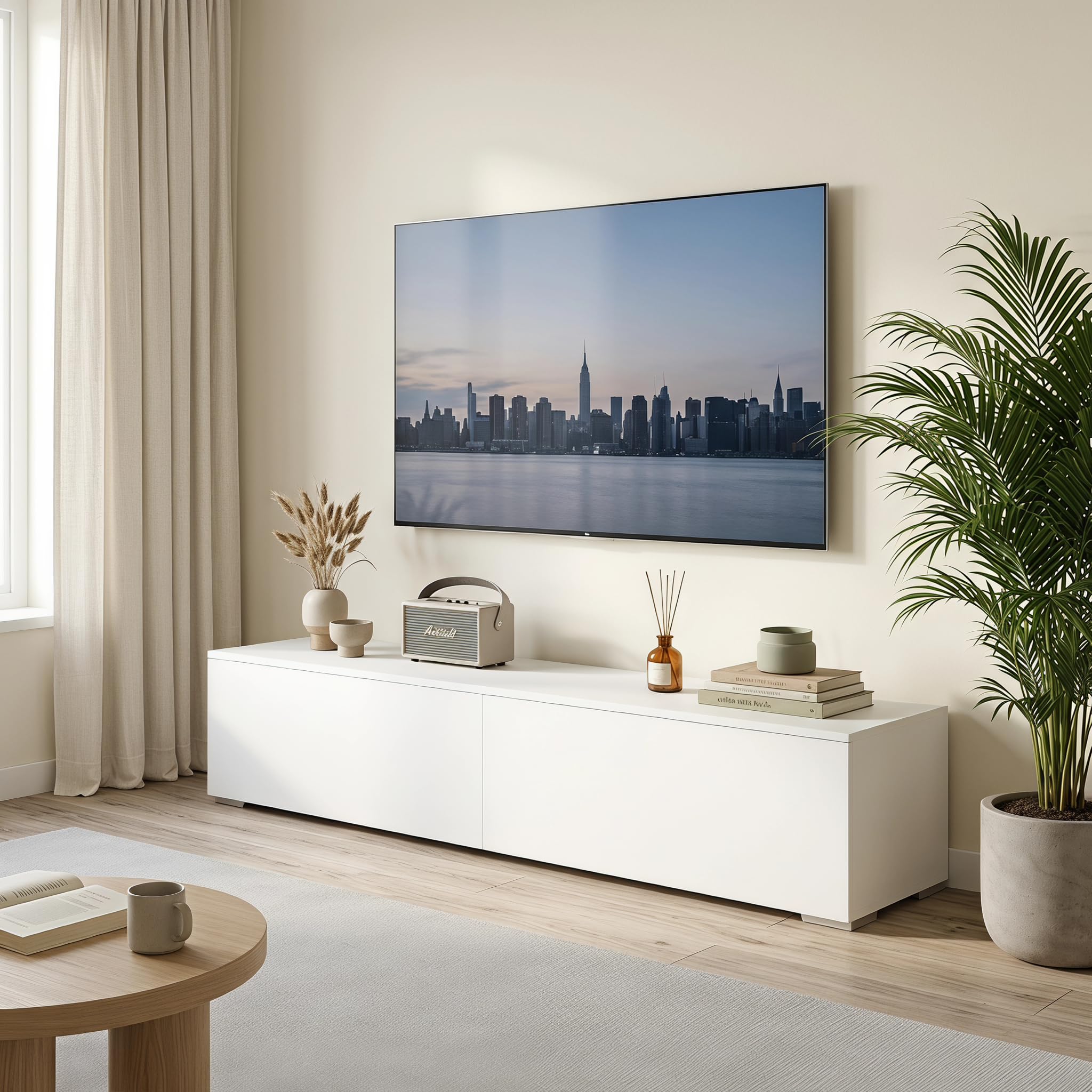 Meuble TV Blanc 180 cm, avec 2 Compartiments de Rangement, avec lumières LED, Meuble TV Suspendu, adapté au Salon, Chambre à Coucher, Style Moderne, Blanc