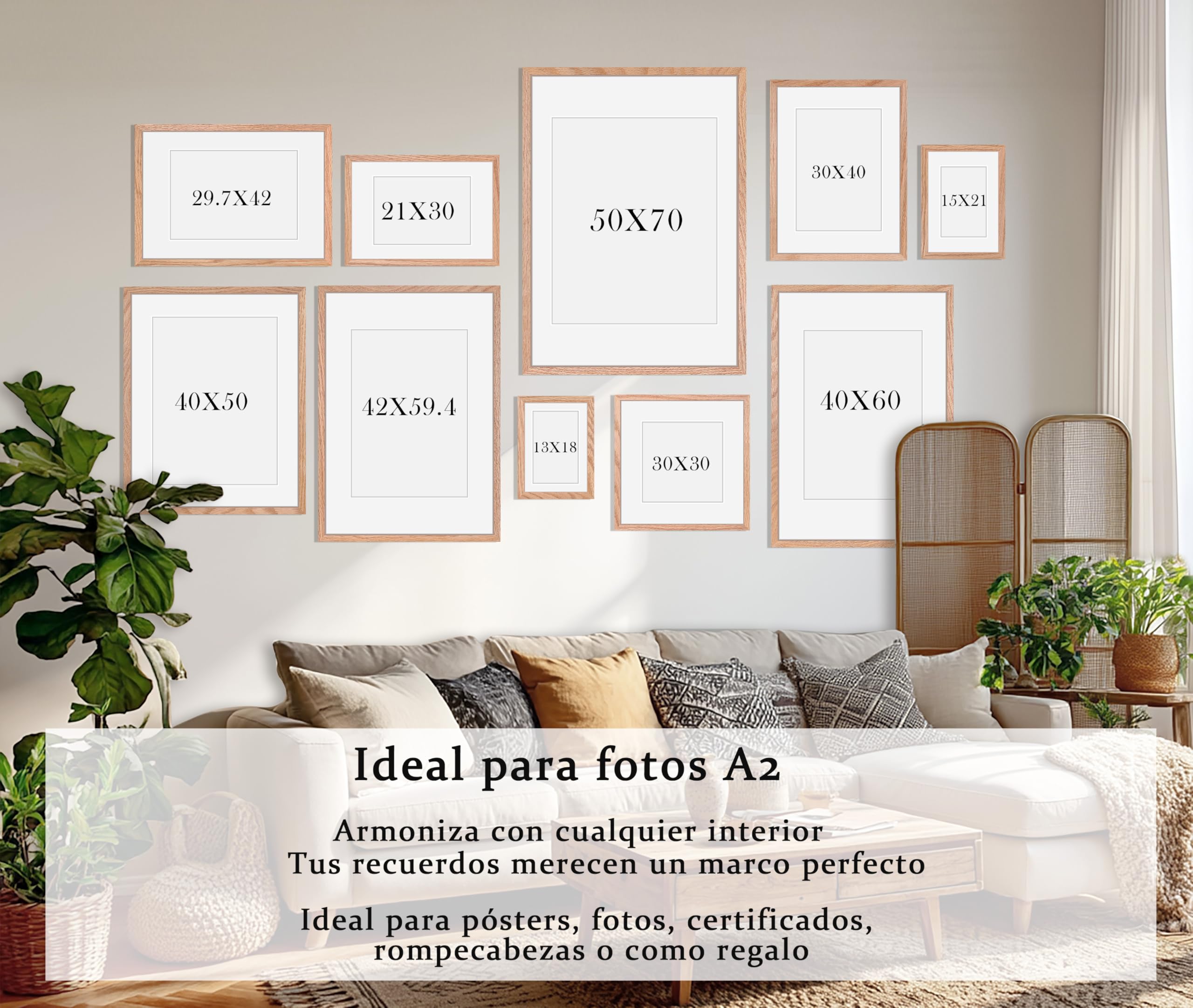 HIMEETIME® 1x Marco de Fotos - A2 42x59.4 cm,Madera de Roble | Passepartout 30x42cm | Marco 42x60 Grande para Diplomas - Solo para Montaje en Pared
