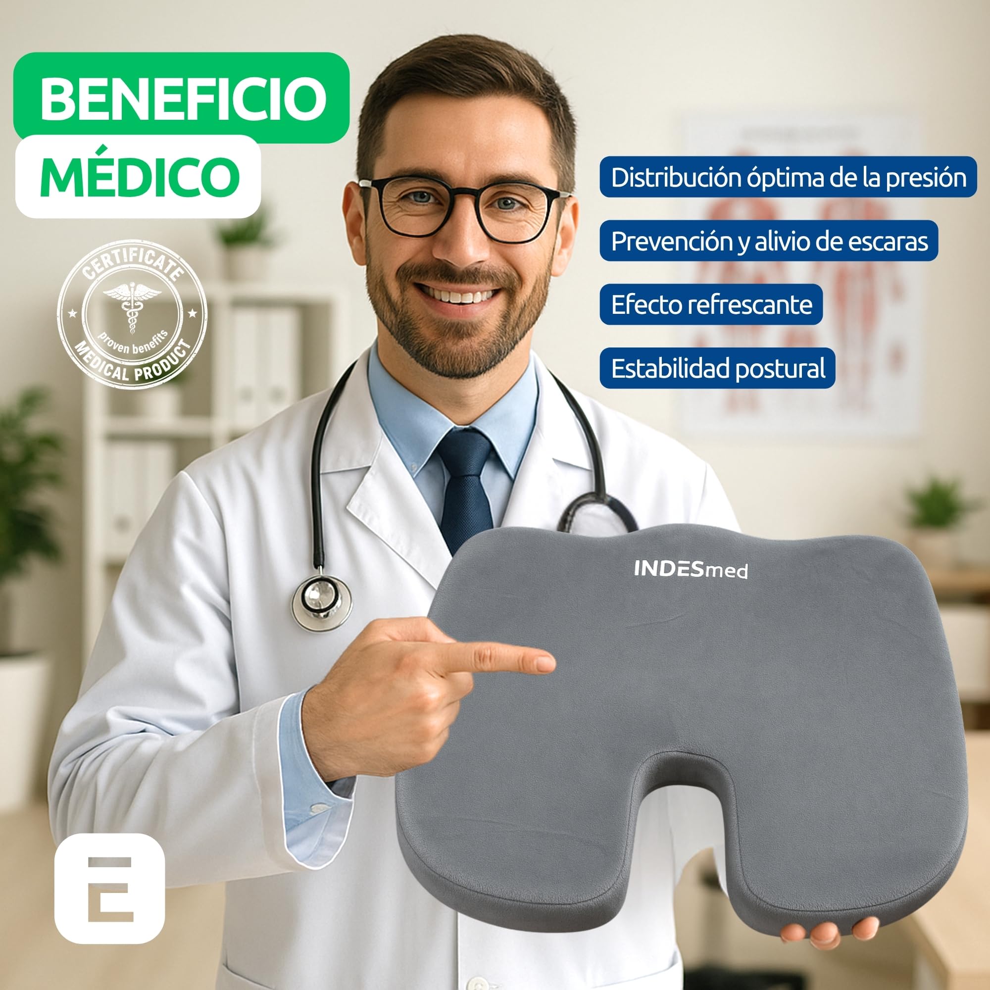INDESMED Cojín Antiescaras Gel + Viscoelástico de Alta Densidad Premium Memory Foam | Funda Terciopelo Lavable con Antideslizante-Ergonómico, para Oficina, Hogar, Silla de Ruedas, Coche | 45x35x7cm
