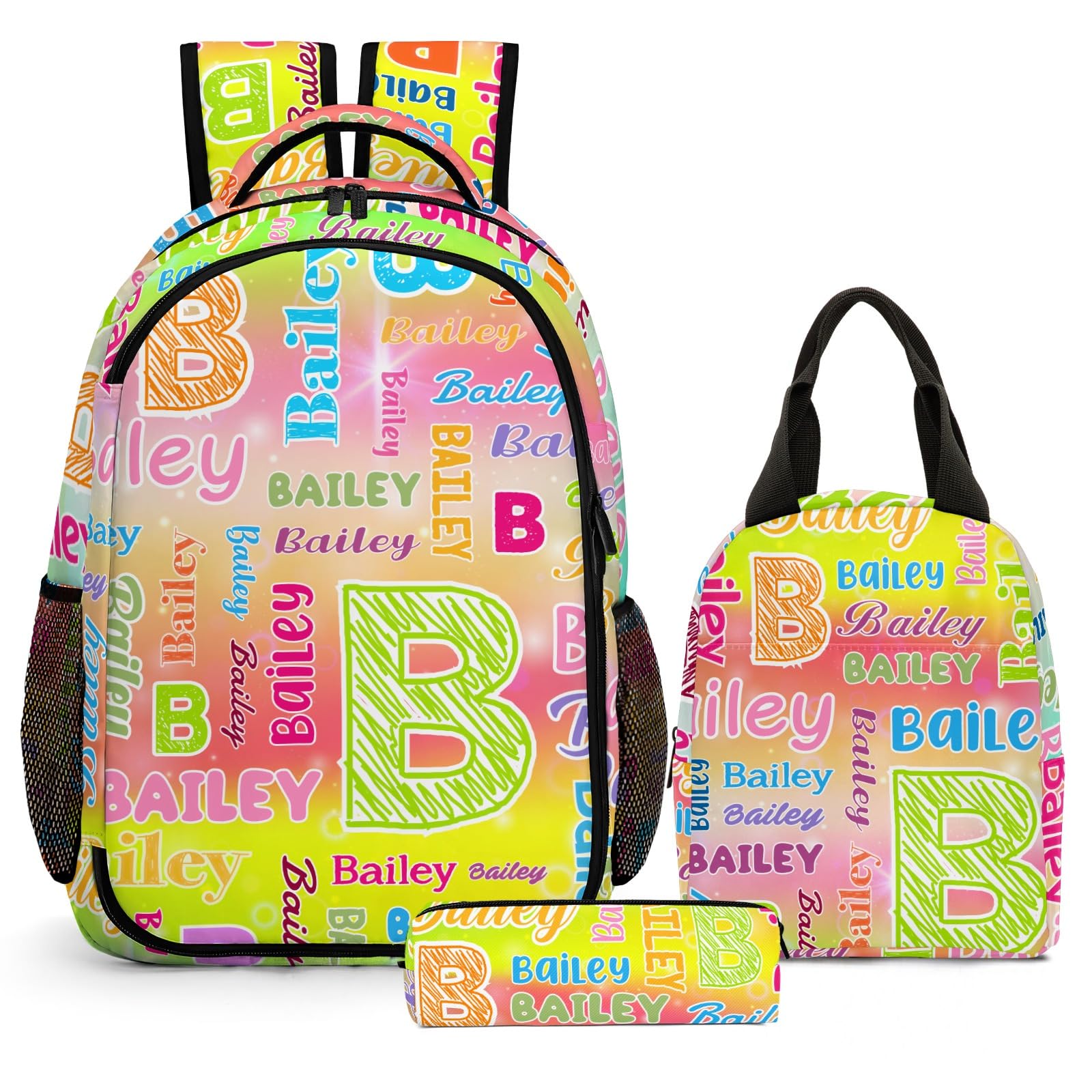 Voltexia Custom Backpack with Lunch Box Pencil Case 3Pcs Personalized Backpack with Name Text Customized BookBag School Daypacks for Kids Girls