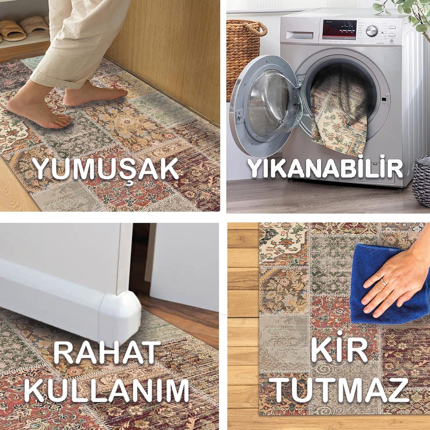 Latte Dizayn Nadine Patchwork Desenli Şönil Pamuk Tabanlı Yıkanabilir Kaymaz Antibakteriyel Salon Halısı 80x300