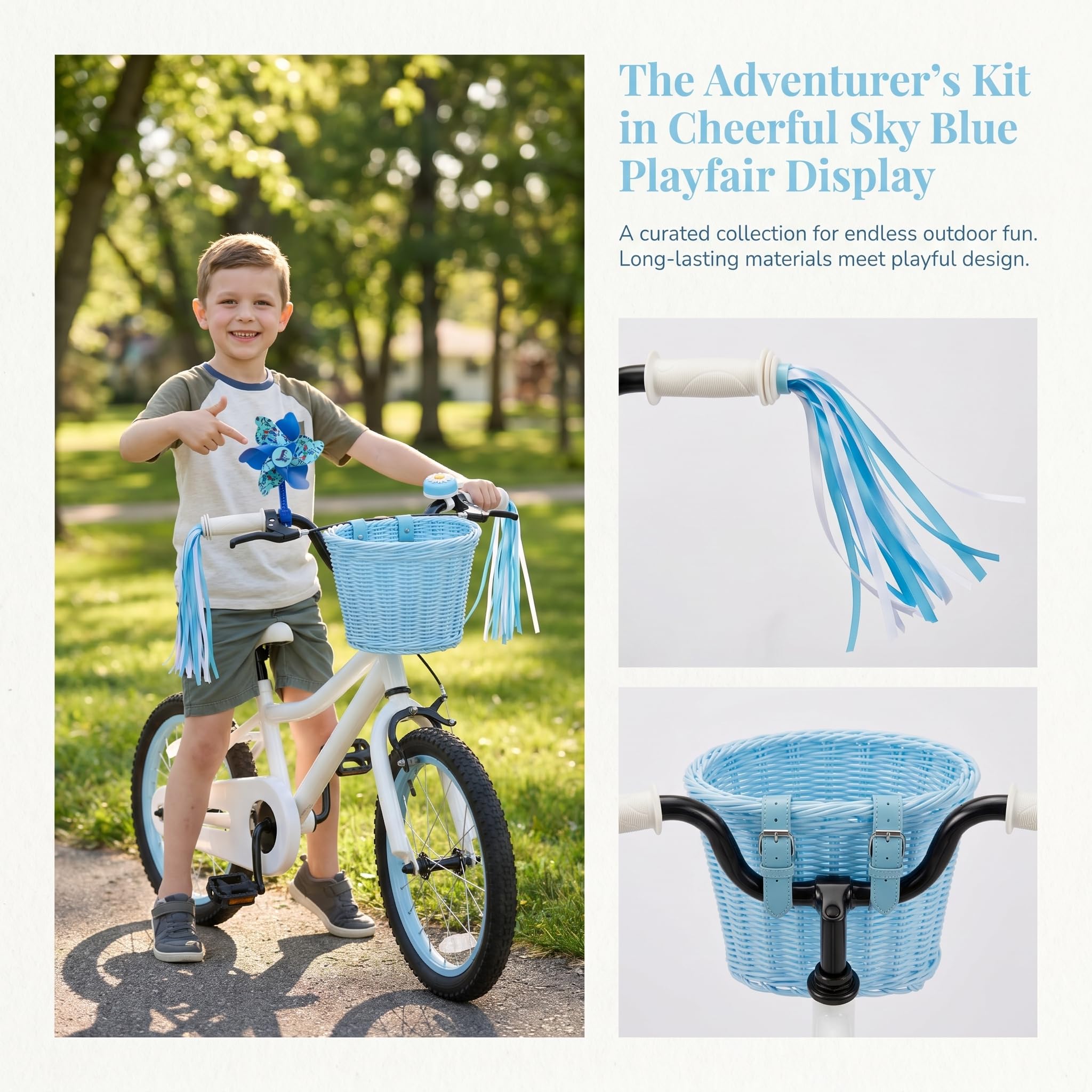 Panier de vélo avant pour enfants, accessoires de vélo pour filles et garçons, panier de vélo tissé avec autocollants, sonnette de vélo, moulin à vent et 1 paire de rubans colorés (panier bleu)