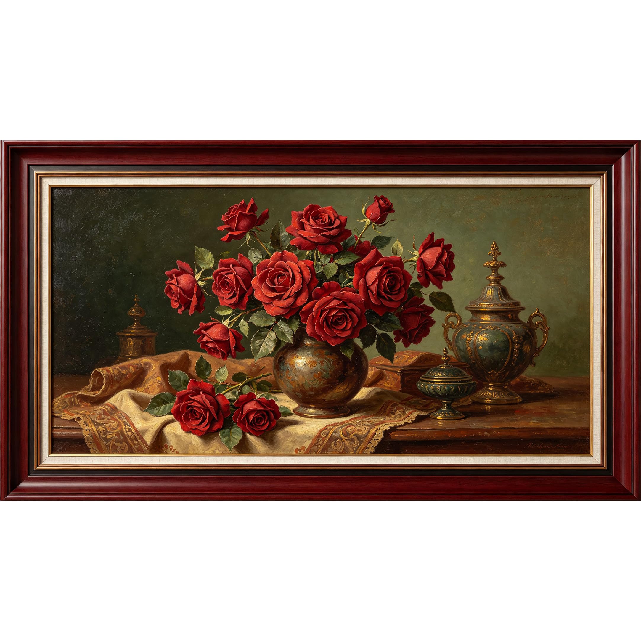 QZLITHOTIC 50x90cm3D Framed Wall Art， Vintage Red Rose Bouquet Oil Painting Still Life Self‑Adhesive Mural， Water‑Activated Peel & Stick Fabric Decor Wall Decal for Bedroom Living Room