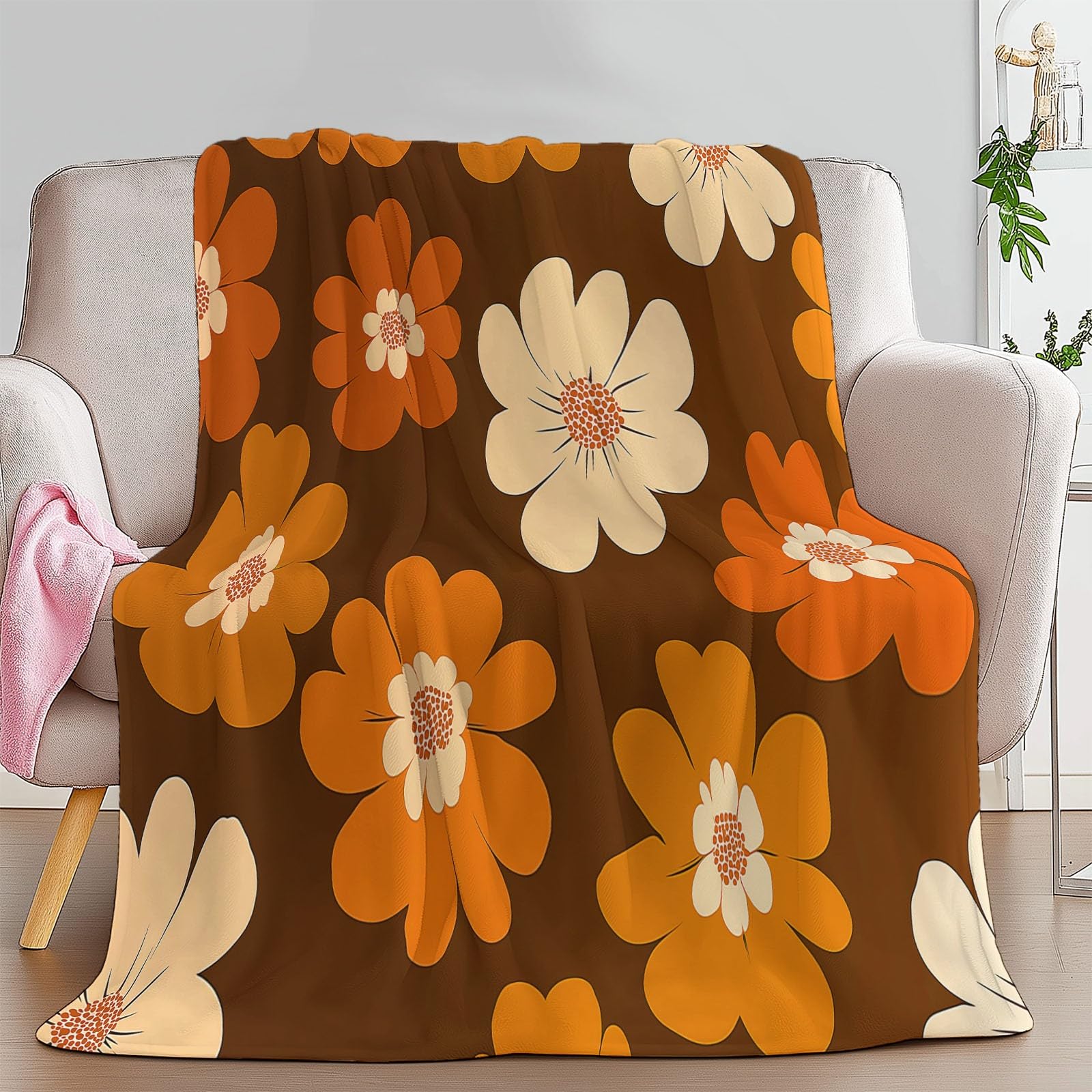 Générique Brązowy koc flanelowy dla dziewczynek dzieci i dorosłych, 200 x 200 cm, puszysty ciepły nadruk proste kwiaty retro koc na sofy Łóżko podróżne