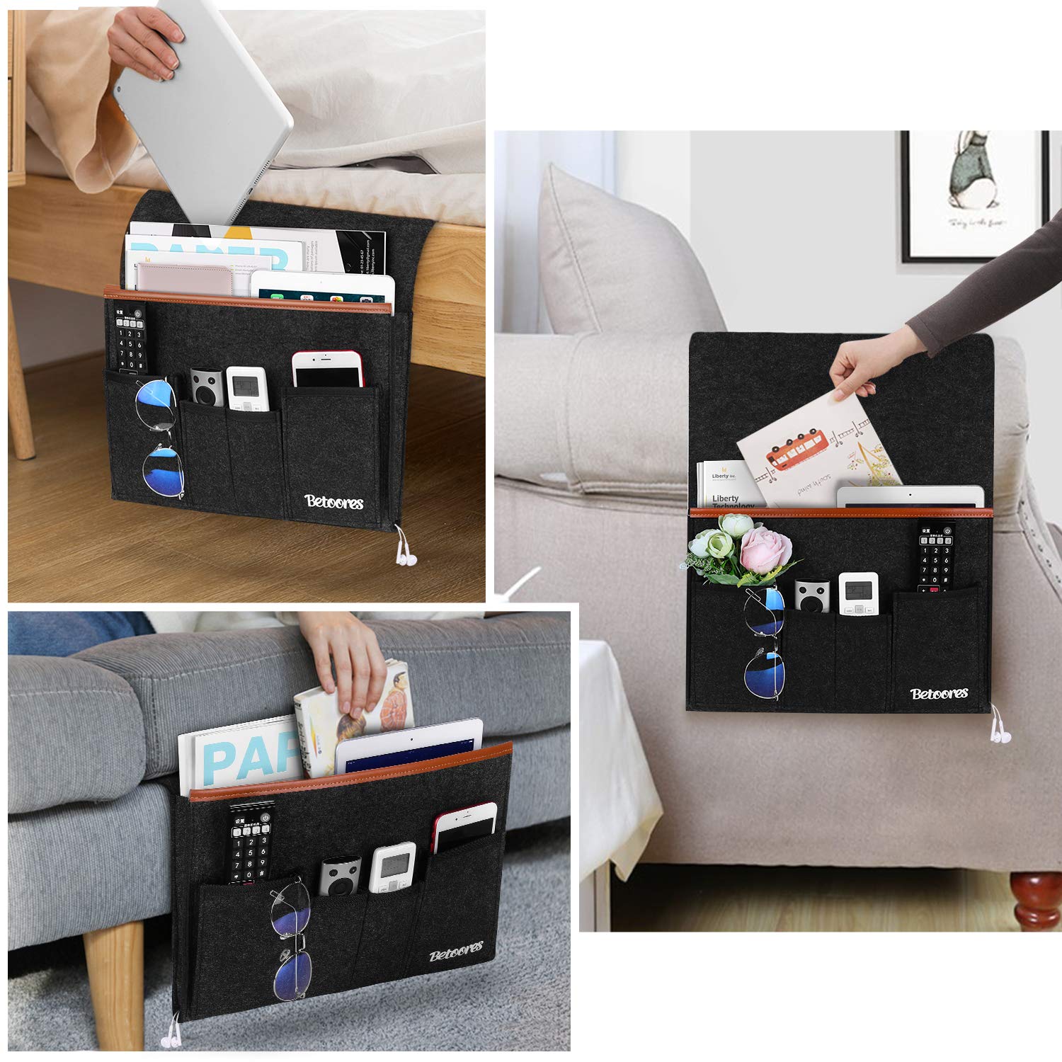 Organizer per Bracciolo Divano, Portaoggetti da Appendere per Letto o Divano con 6 Tasca, Organizzatore Divano per iPad, Tavoletta, Riviste, Cellulare, Occhiali, Matita - Grigio Scuro
