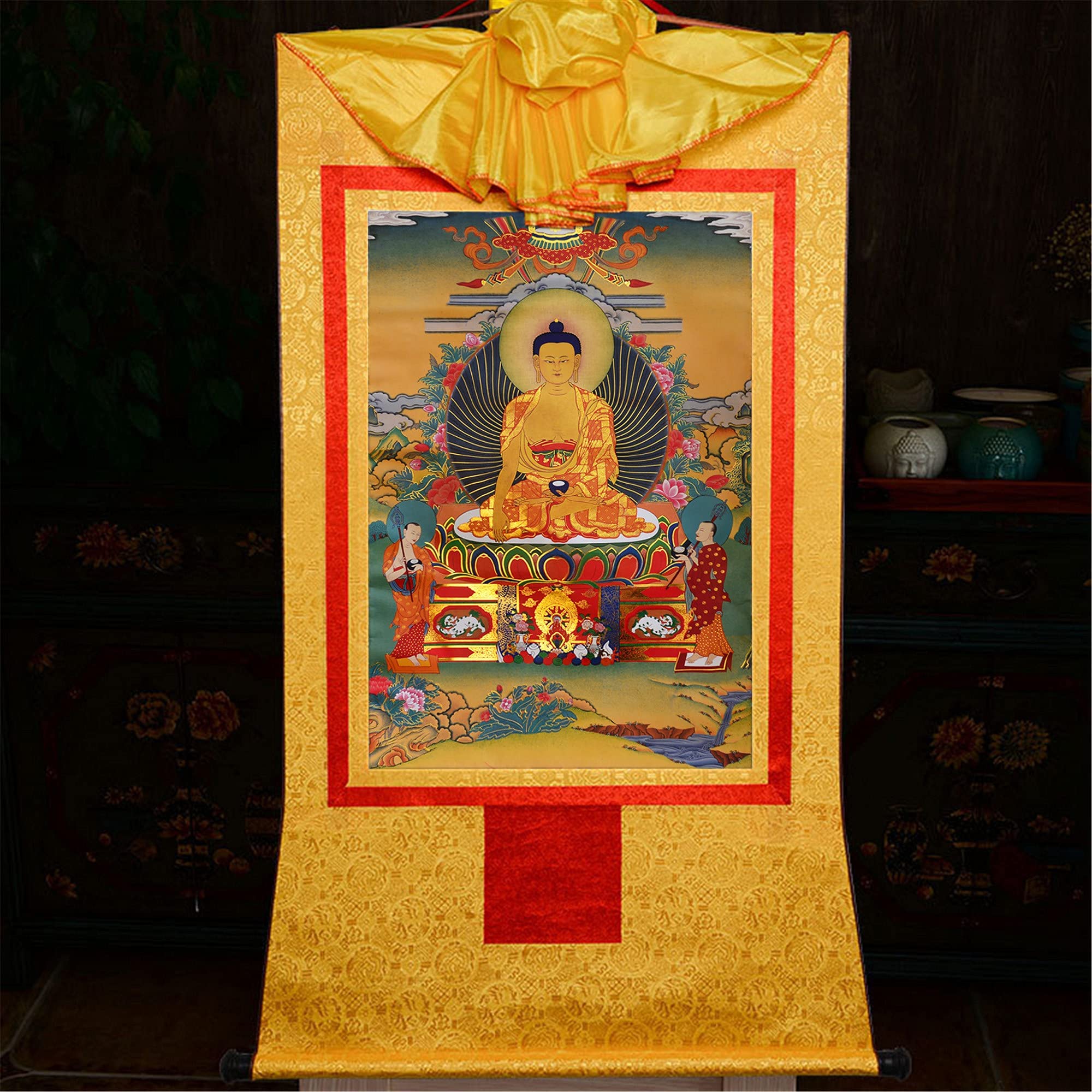 Thangka Tibétain Manjusri Doré - Décoration Murale Zen - Méditation Spiritualité