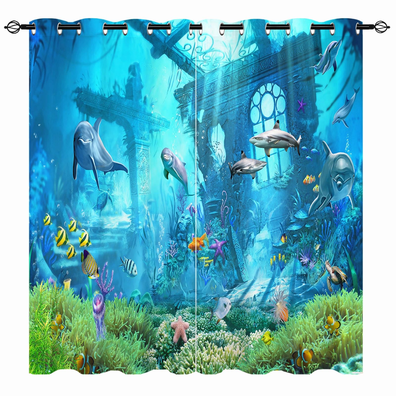 Ozean Vorhänge Unterwasser Tiere Marine Leben Delfin Ösen Gardinen mit Blickdichte Vorhang Kälteschutz Blackout Curtain Kinderzimmer Schlafzimmer Verdunkelung Fenster, 2 Stück, H 213 x B 200 cm