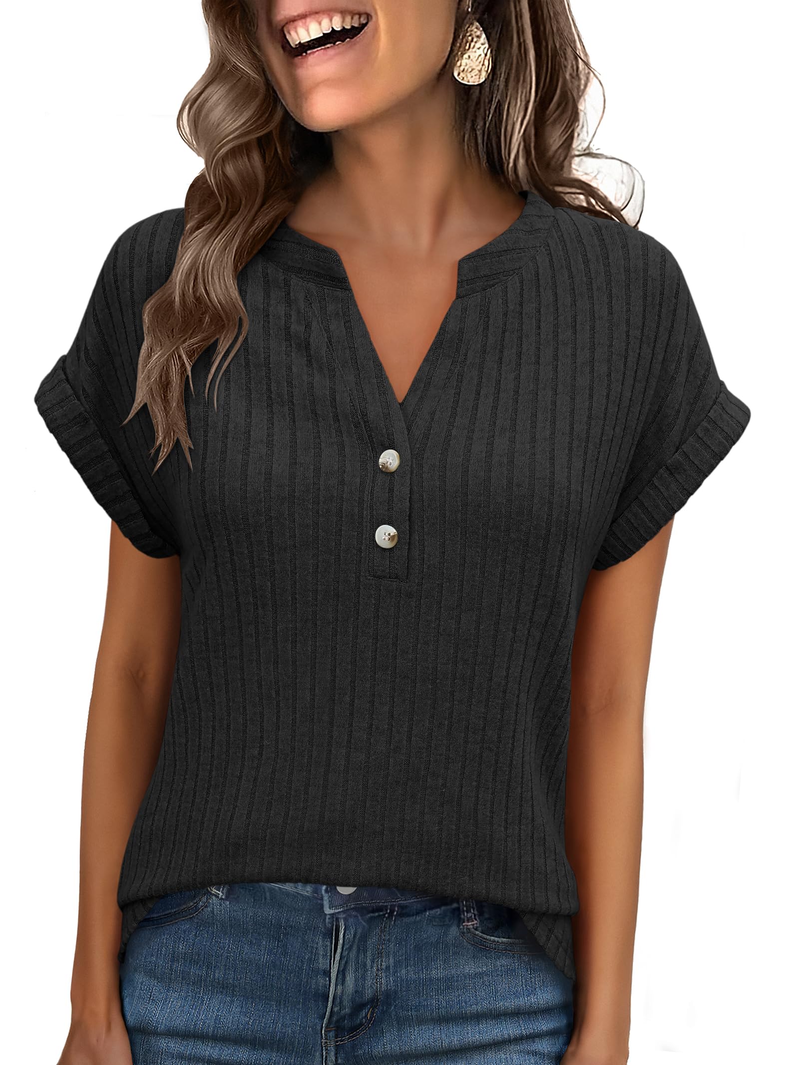 ANRABESS Womens Short Sleeve Henley Shirts V Neck Summer Sweaters 2...