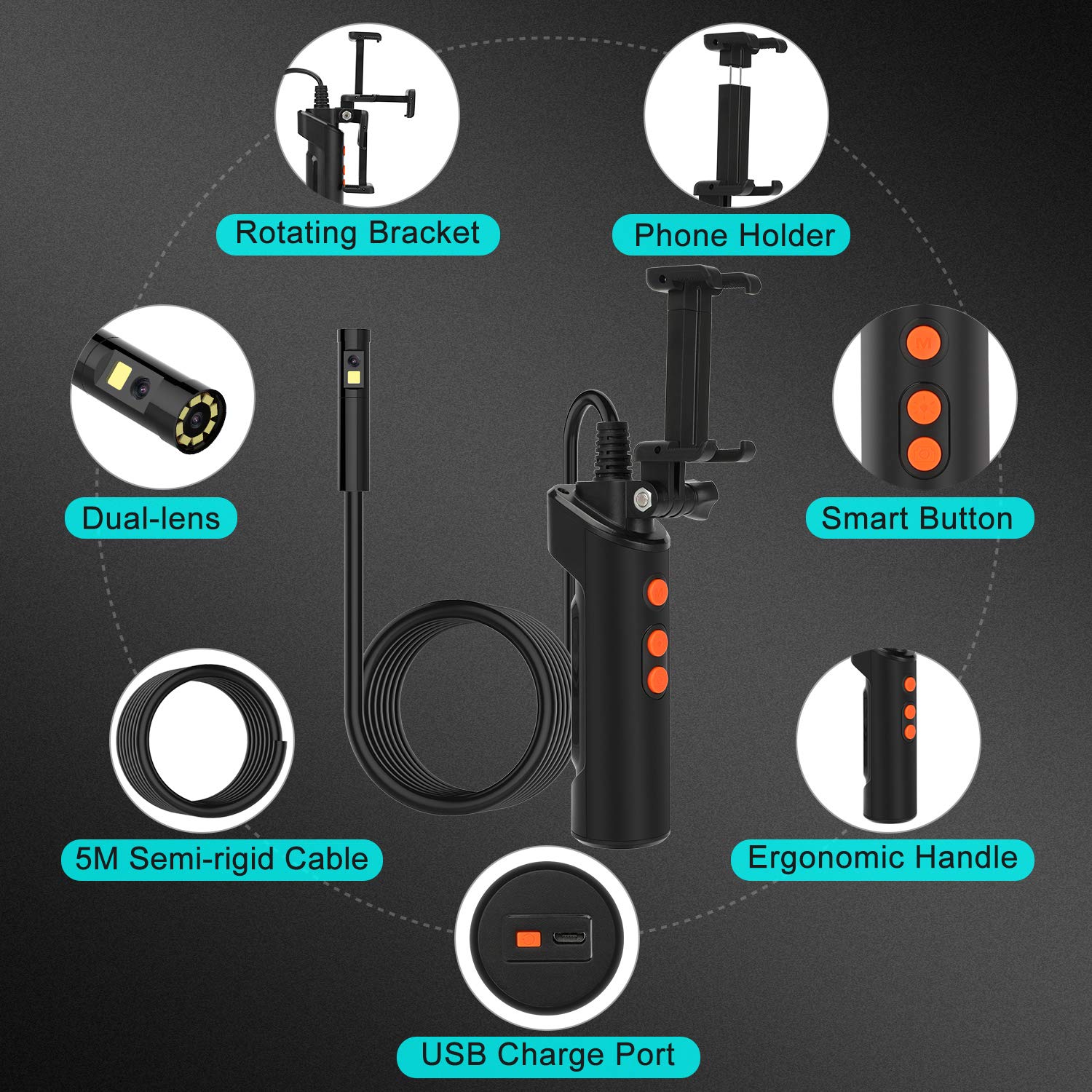 Amazing 🔥 RUMIA Dual-Lens Industrial Endoscope, 2MP HD WiFi IP68 Waterproof Semi-Rigid Digital Sewer Borescope Inspection Camera with 2600mAh Battery & 6 Adjustable LED Lights for Android and iPhone - 16.5FT