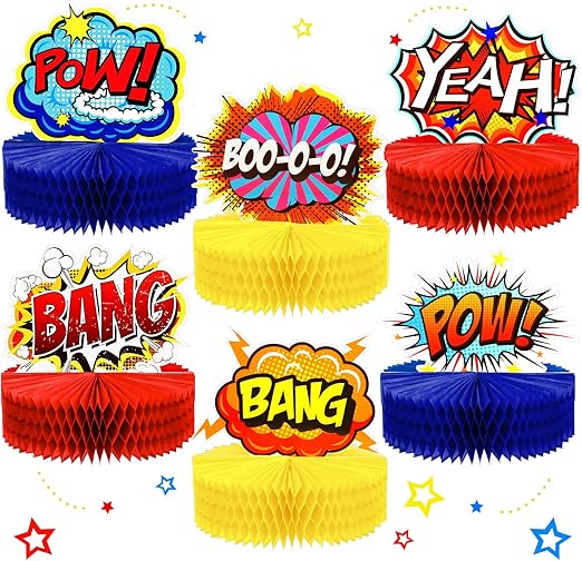 Skylety 6 Pcs Hero Themed Party Decoration Hero Honeycomb Centerpieces Birthday Party Supplies 3D Table Topper Paper Action Sign Table Topper Decor 7.5 x 7.8 Inch for Happy Birthday Baby Shower Favor