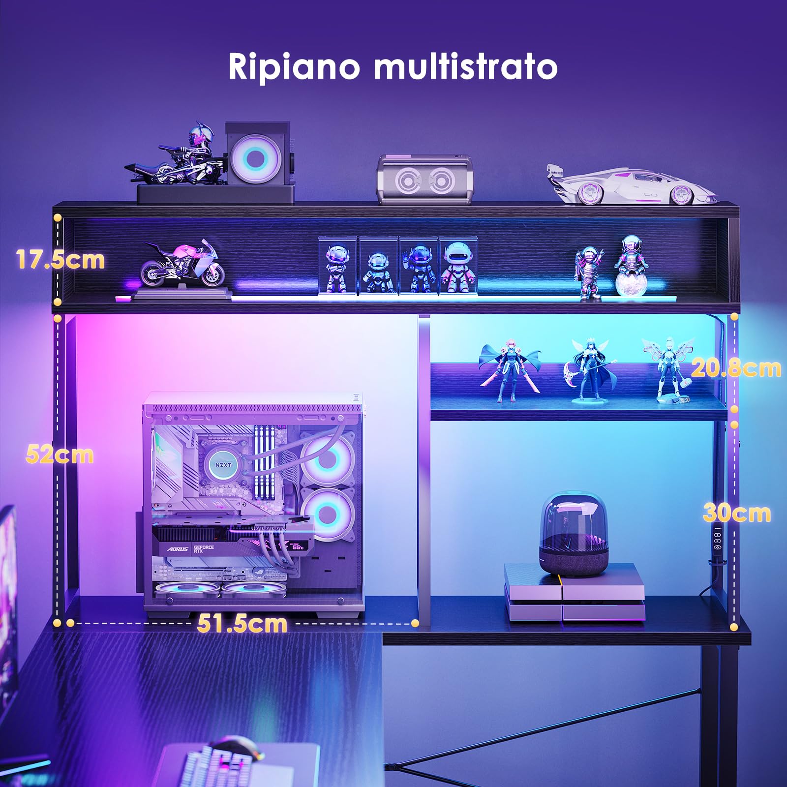 Coleshome Scrivania Gaming Angolare con LED, 150 × 100 cm, Nera | Scrivania Ad Angolo Reversibile con Scaffale e Borsa Portaoggetti, per Postazione Gaming e Home Office