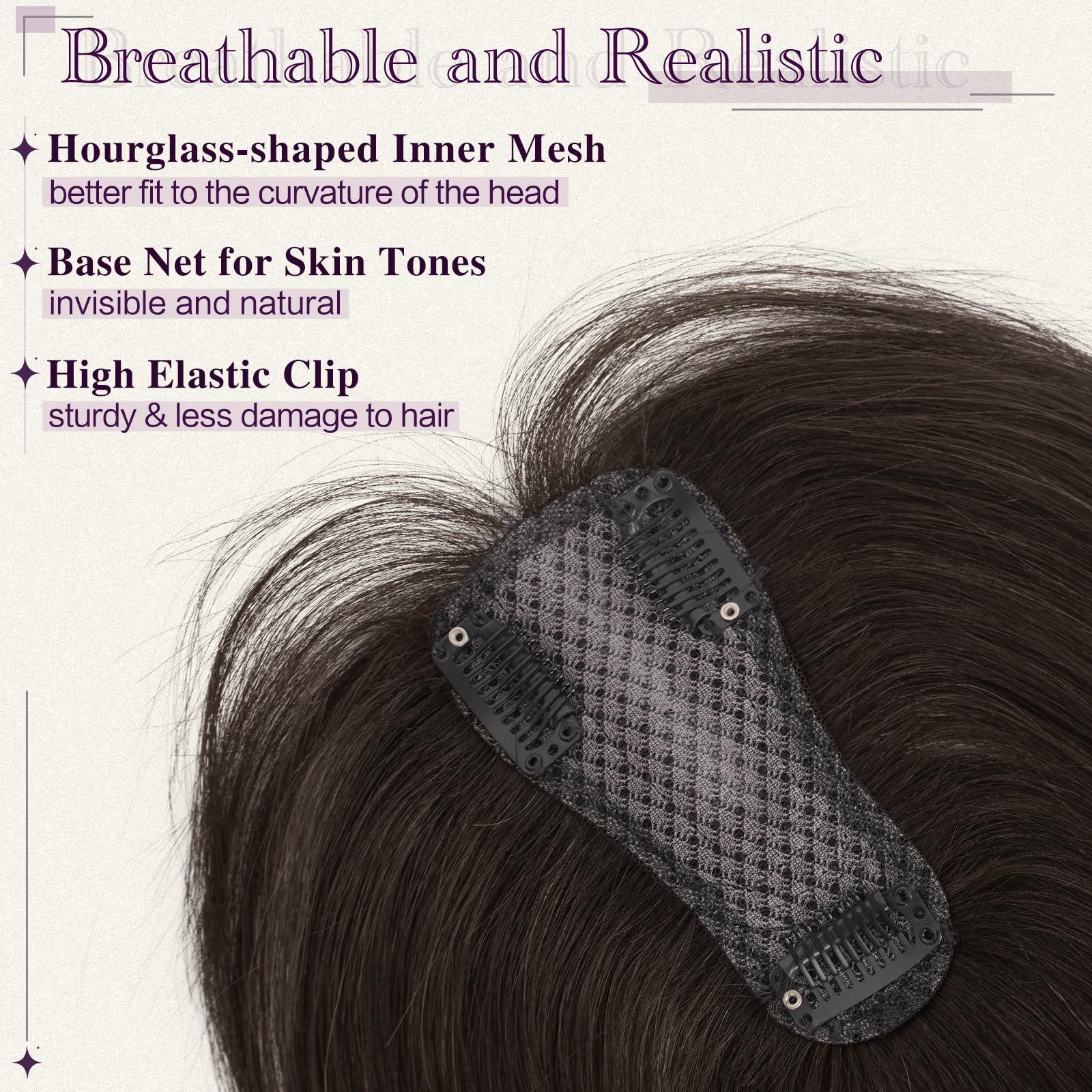 RUWISS Topper Cheveux Humain Femme Marron Foncé Hair Topper Natural Postiches à Clip Légère Droits Cheveux Humains sans Franges