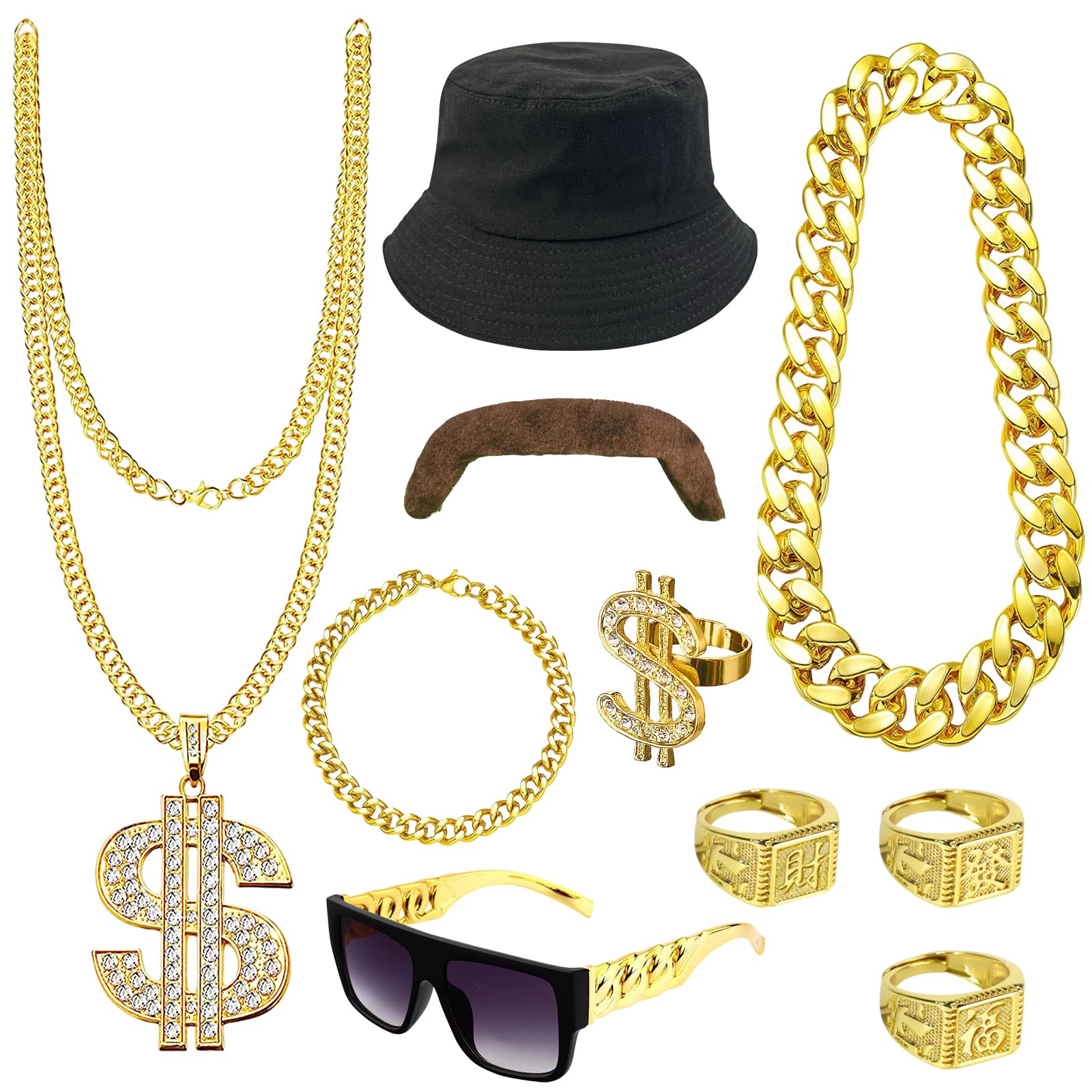 10-teiliges Pimp-Kostüm-Set – Goldketten, Ringe, Sonnenbrille & Hut Für 80er/90er Hip-Hop-Partys