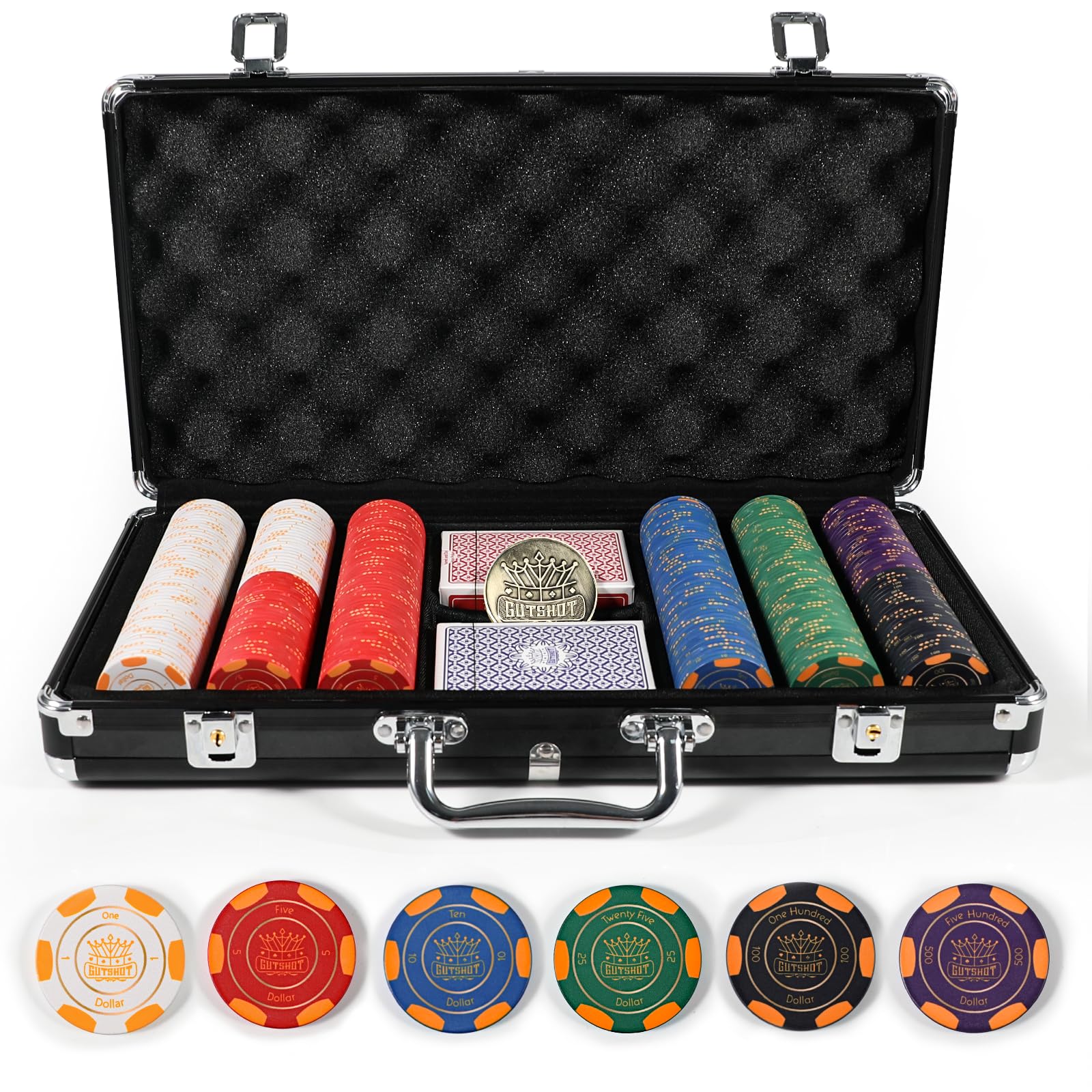 Gutshot Poker Table with Dealer Tray for 10 Players with 10 Chairs and Chips Set (300) - Foldable and Long-Lasting Poker Table and Chairs, Luxurious Vegas Style Casino Experience at Home