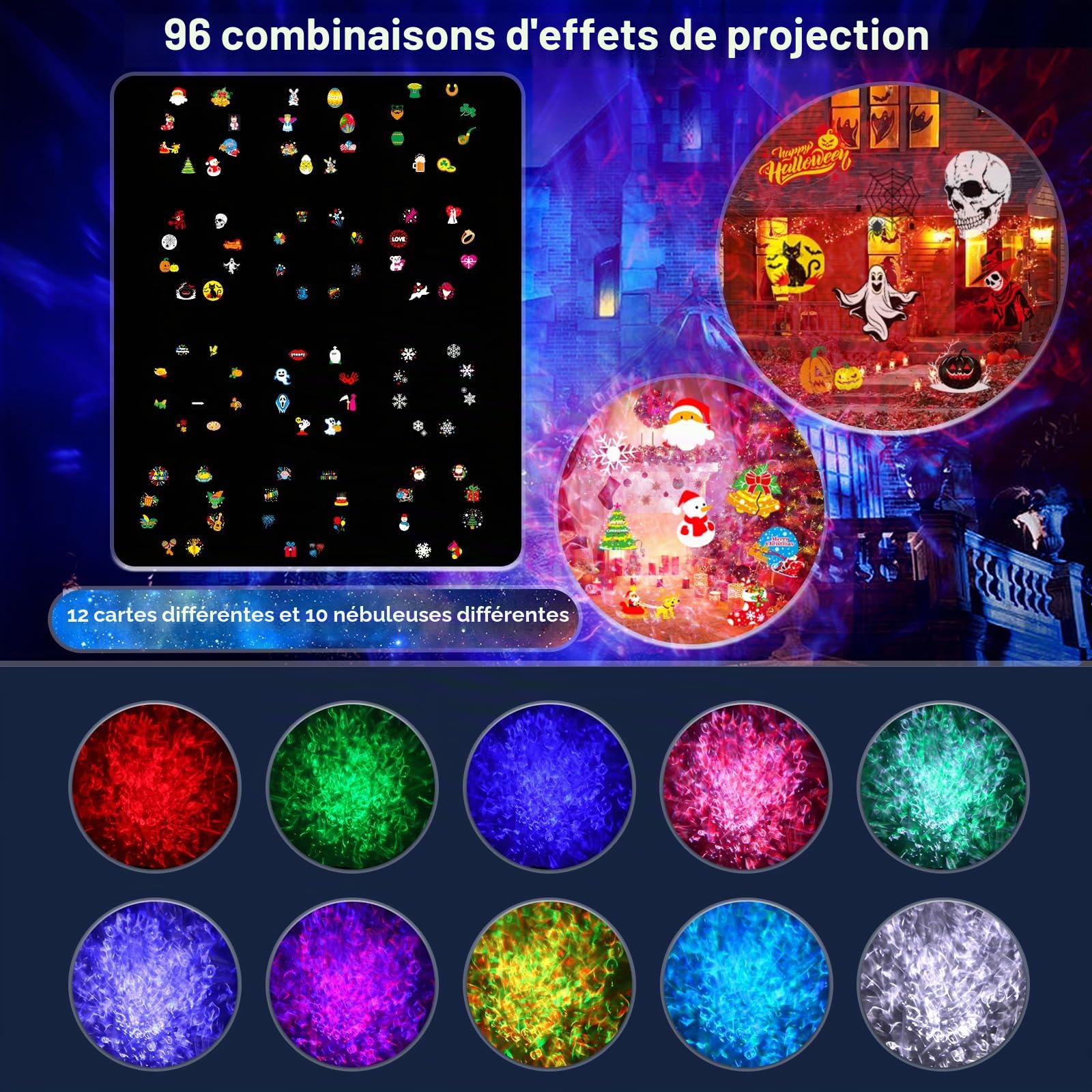 Lampe Projection Halloween Extérieur, 2 en 1 Holographique avec 12 Diapositives 8 Motifs 10 Couleurs Vague, Étanche avec Télécommande Minuterie pour Décoration Noël