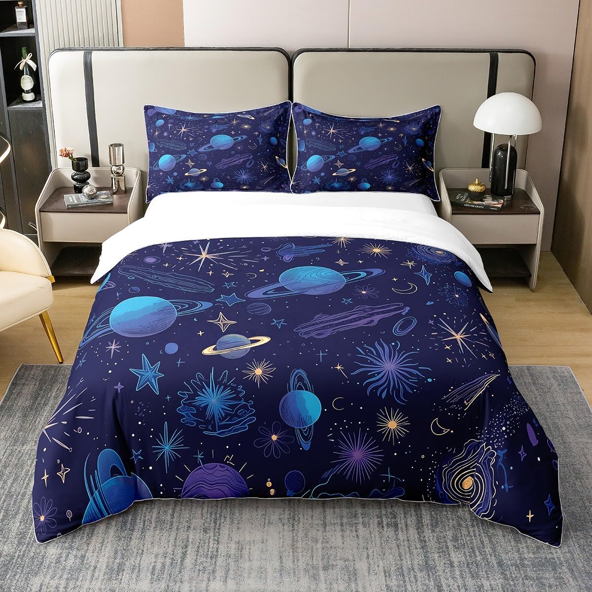 Erosebridal Planets Universe 100% Cotton Duvet Cover Full, Cartoon Space Theme Comforter Cover, Glitter Spots Quilt Cover, Hand-Drawn Geometric Bedspread Cover