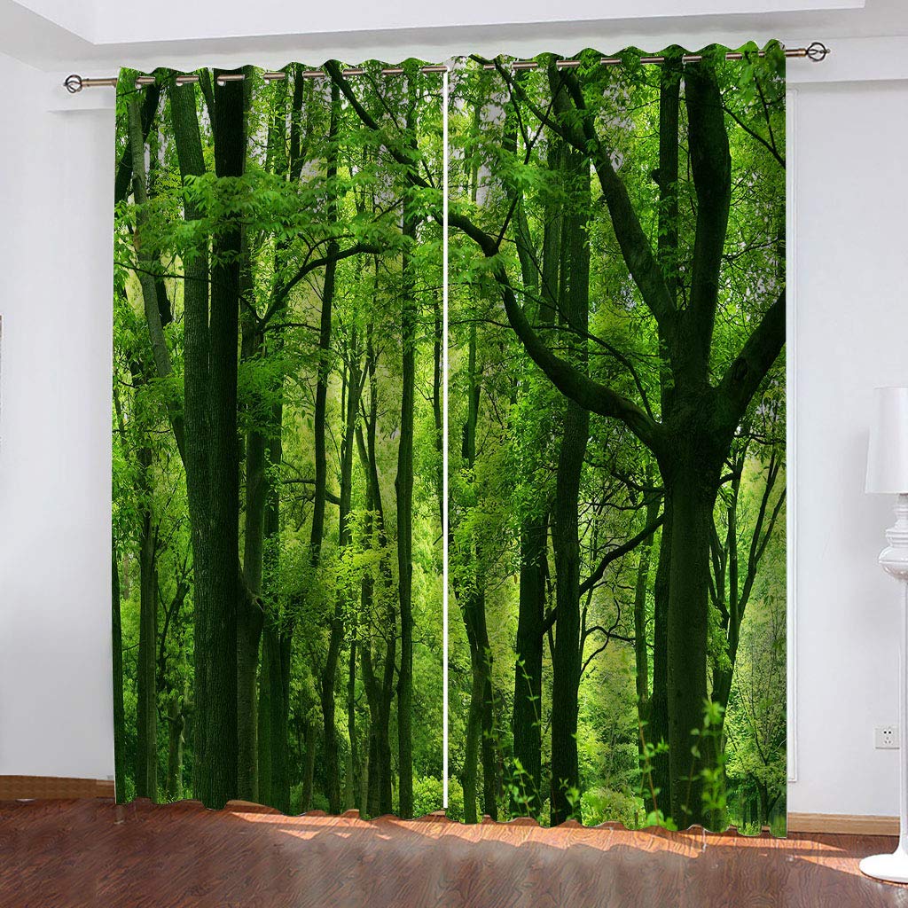 MAYNUO Bedroom Curtains 3D Green Tree Landscape Print Blackout Eyelet Curtains For Living Room 46x96 Inch Thermal Insulated Bedroom Curtains, Boys Kids Curtains For Door, 2 Panels Nursery Curtain