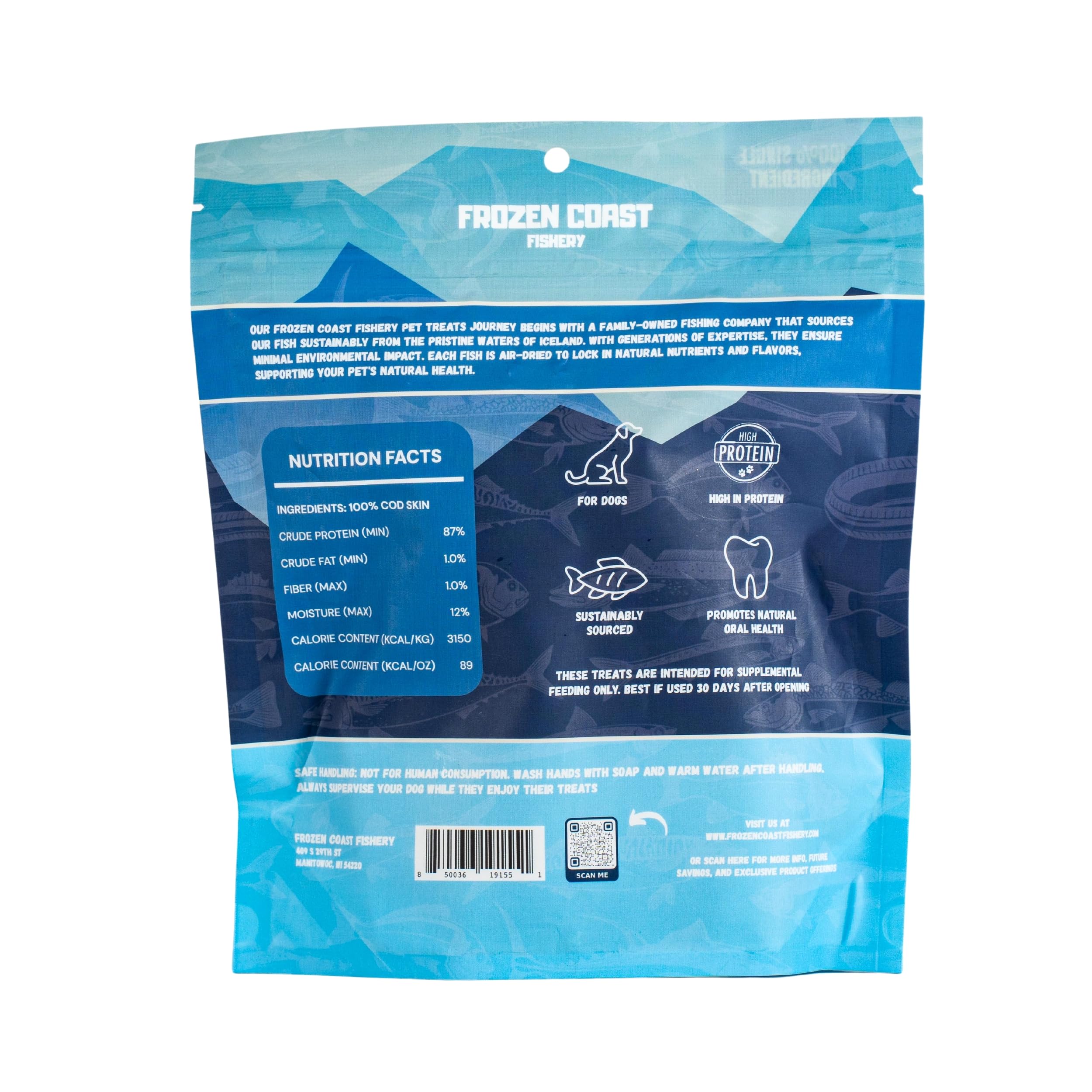 Frozen Coast Cod Twist Lil Smokies Cod Skin Dog Chews-Wild-Caught, All-Natural, High-Protein, Grain-Free (6 Chews)