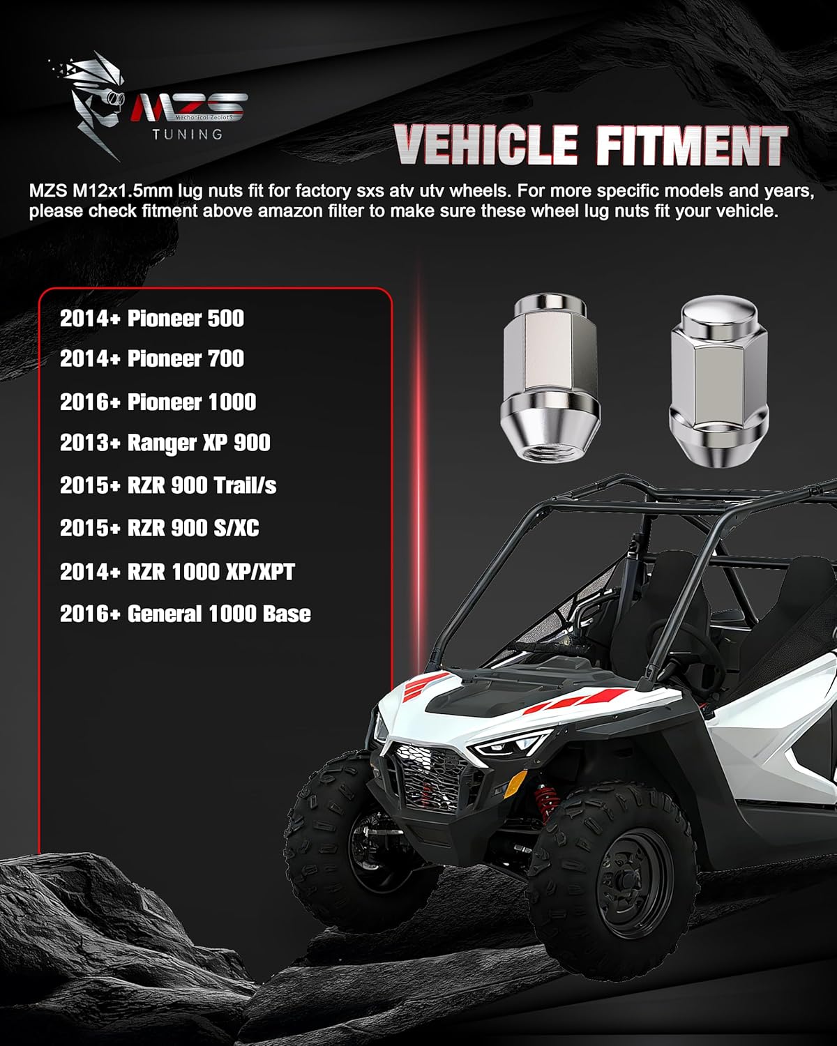MZS ATV UTV M12x1.5 Lug Nuts, 19mm Hex Cone Seat Closed End Wheel Nut for Ranger RZR XP 900 1000 / General 1000 / Pioneer 500 700 1000, One-Piece Design Lugnuts, Chrome, 16Pcs