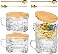 Vista 1 de Vintage Glass Coffee Mugs Set of 4, Overnight Oats Containers with Bamboo Lids and Spoons - 14oz Clear Tea Cups for Cappuccino Latte Americano