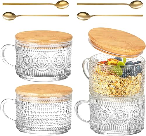 Miniatura 1 de Juego de 4 tazas de café de vidrio vintage, recipientes de avena con tapas y cucharas de bambú, tazas de té transparentes de 14 onzas para bebidas