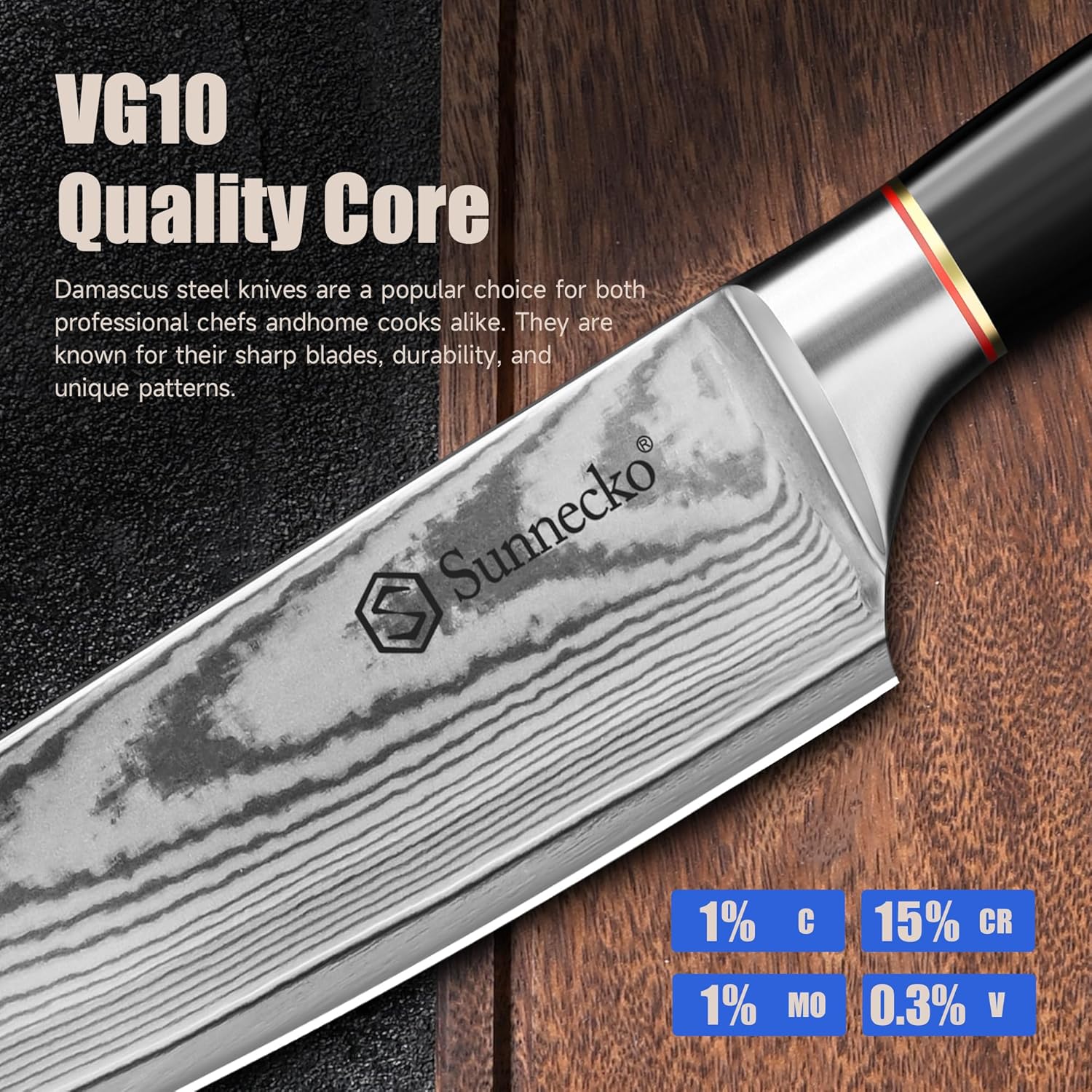 Sunnecko Damascus Knives Set,Japanese VG10 Core Steel Damascus 3PCS Chef Knife Set,Professional Razor Sharp Kitchen Knives Set with Knife Sharpner - Image 6