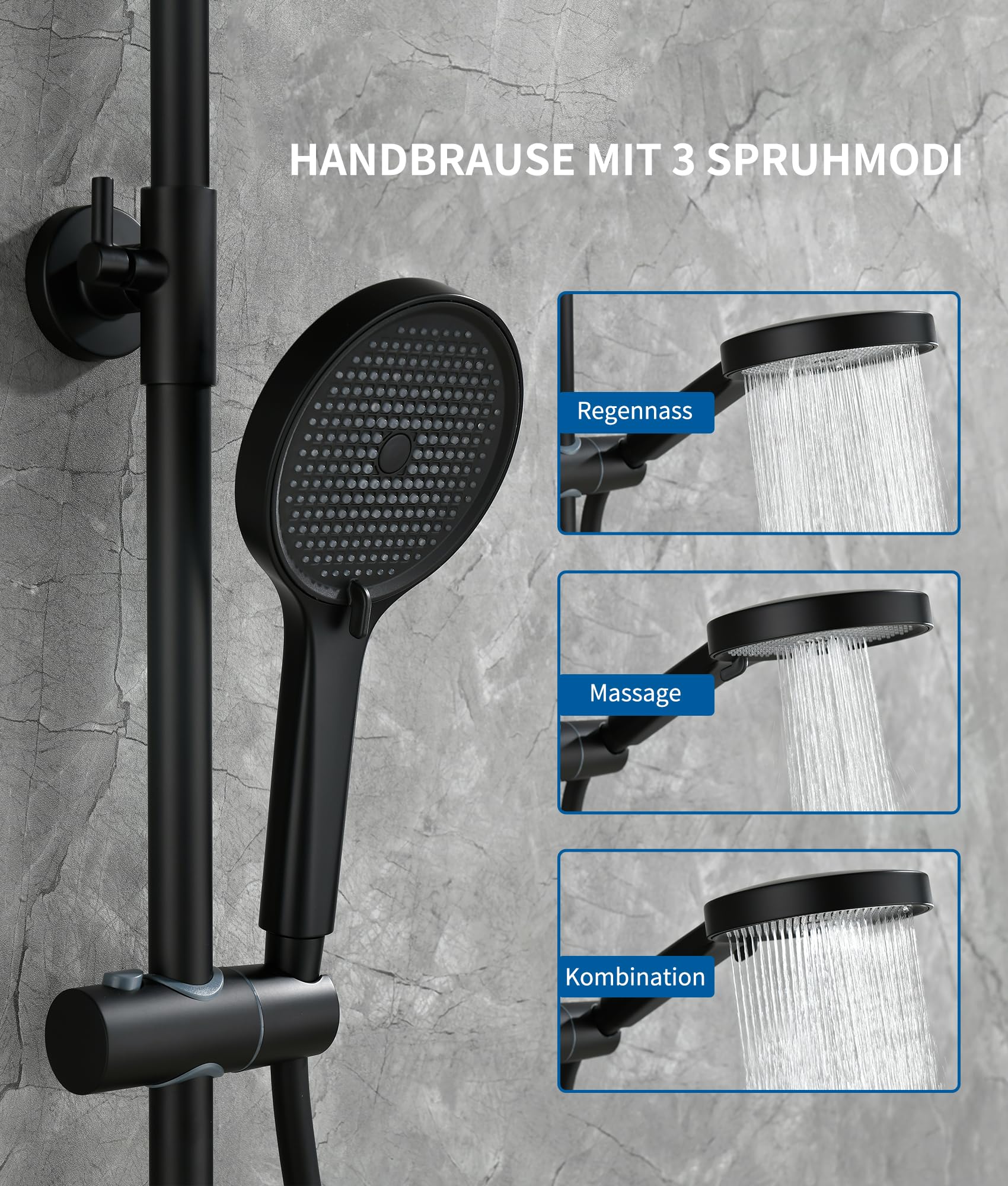 Duschsystem Schwarz ohne Thermostat,HöHenverstellbar Duscharmatur Komplettset 360° Drehung Regendusche Mit Armatur,Handbrause Mit Drei SprüHmodi,35×14cm Glasablage,33×21cm GroßEr Regendusche